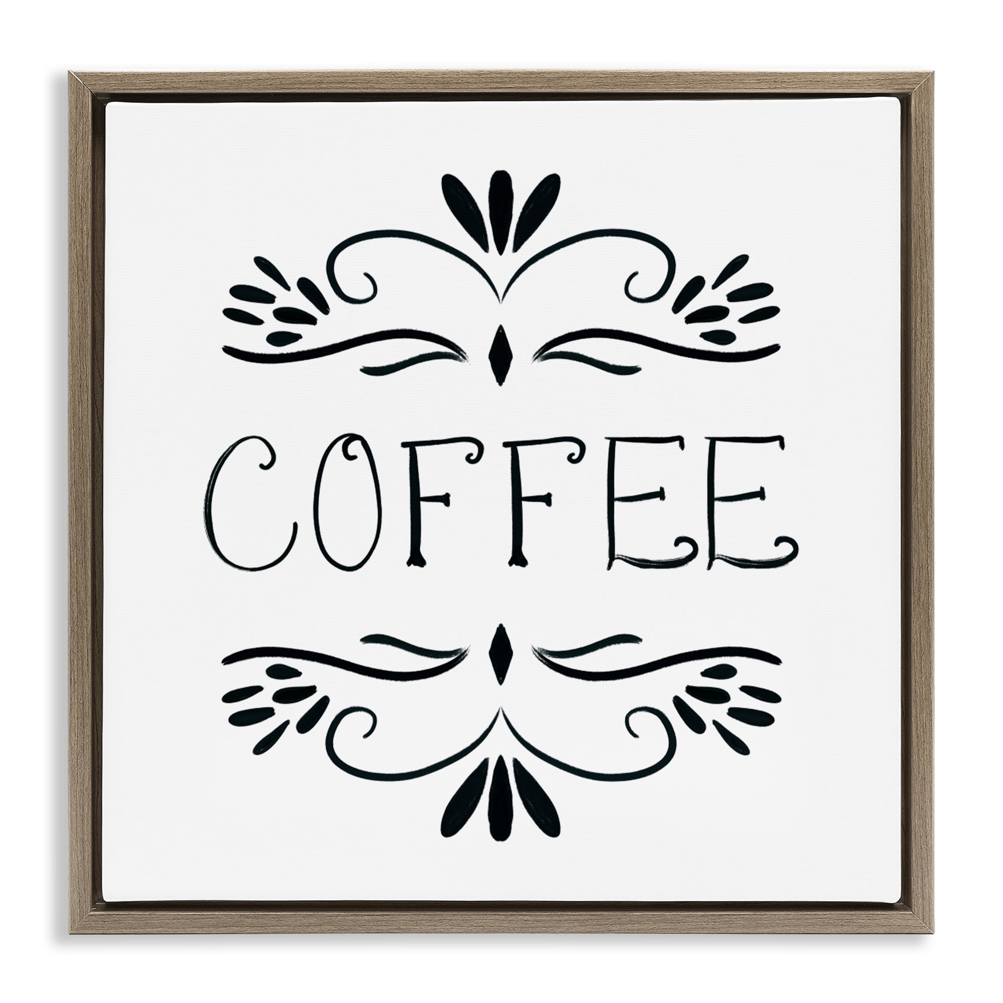 Stupell Industries Coffee with Floral Emblems Brown Framed Floater Canvas Wall Art, design by Lucille Price