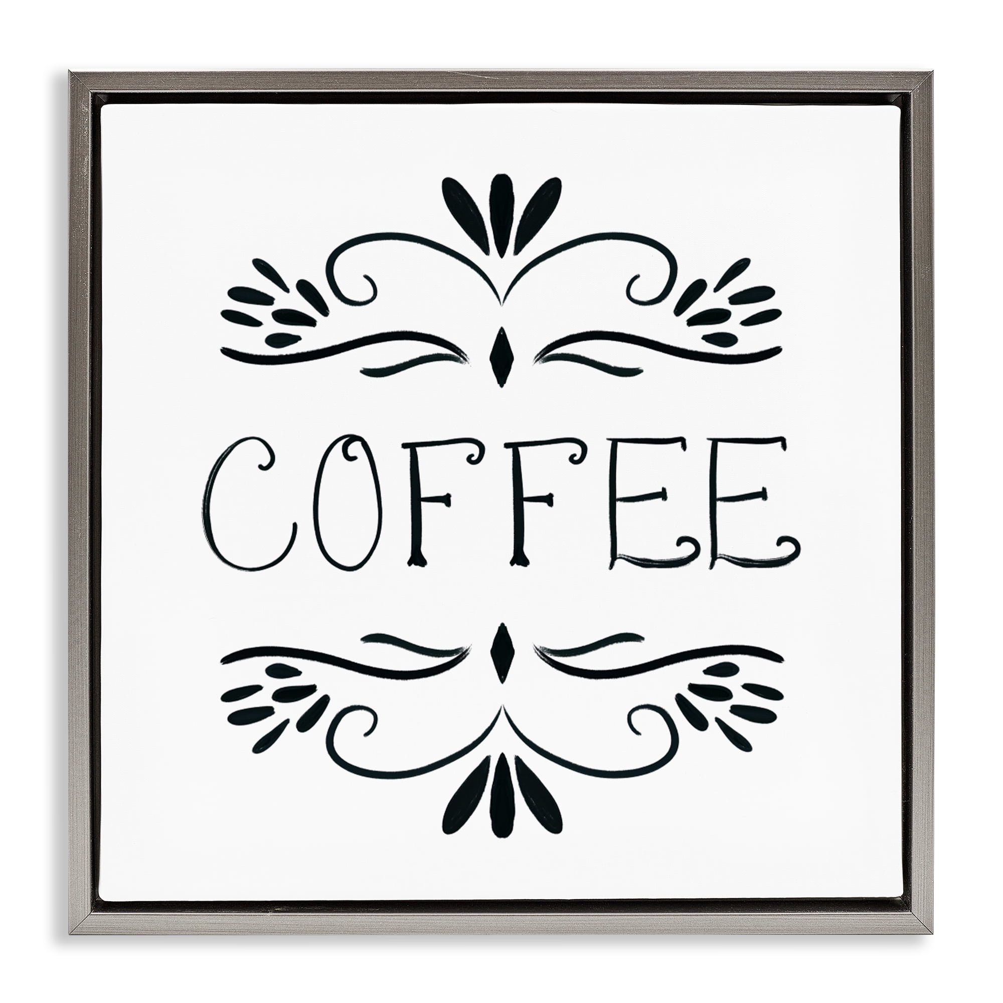 Stupell Industries Coffee with Floral Emblems Gray Framed Floater Canvas Wall Art, design by Lucille Price