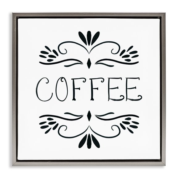 Stupell Industries Coffee with Floral Emblems Gray Framed Floater Canvas Wall Art, design by Lucille Price