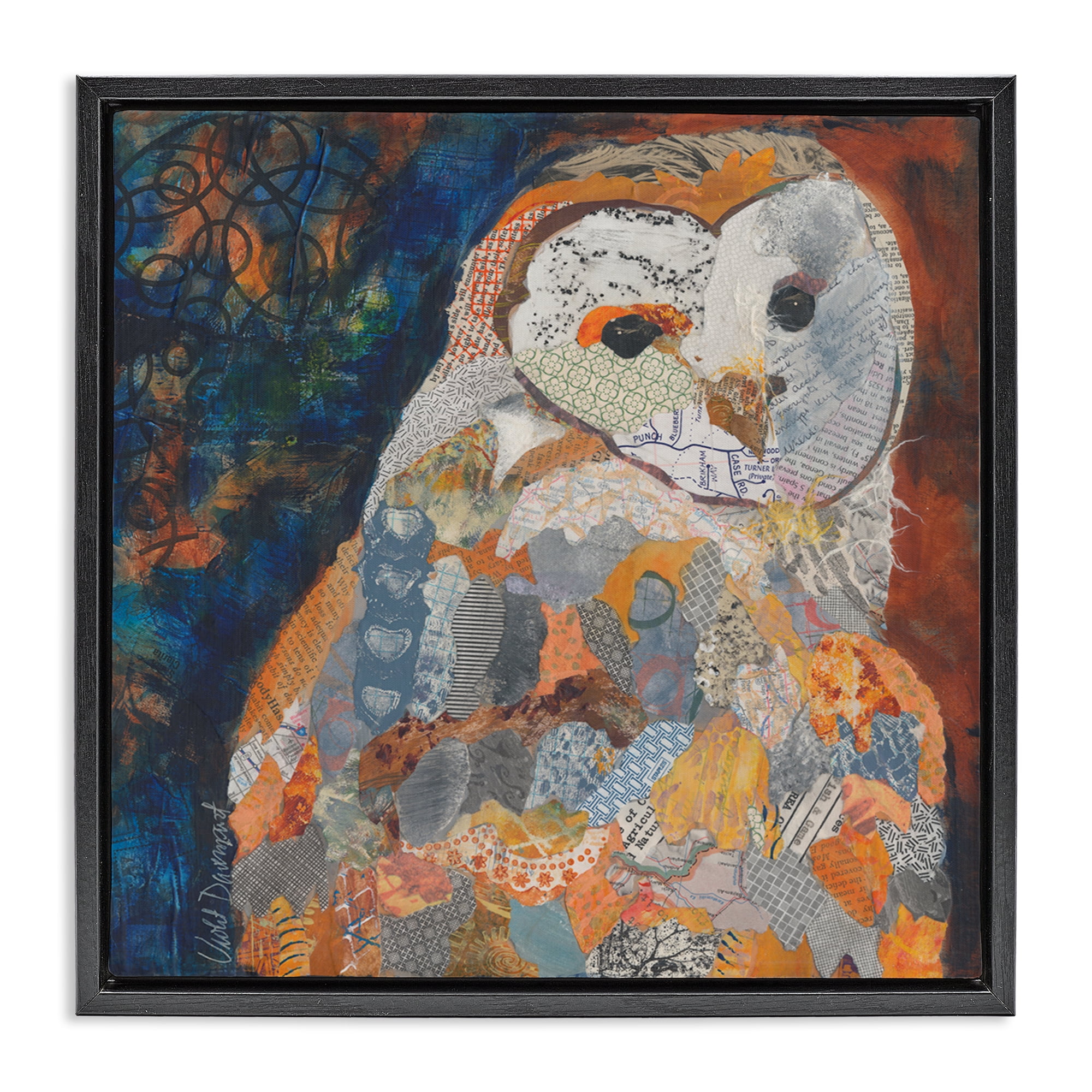 Stupell Industries Collage Patterned Owl Animals Painting Black Floater Framed Canvas Art Print Wall Art, 25 x 25