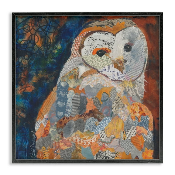 Stupell Industries Collage Patterned Owl Animals Painting Black Framed Art Print Wall Art, 12 x 12