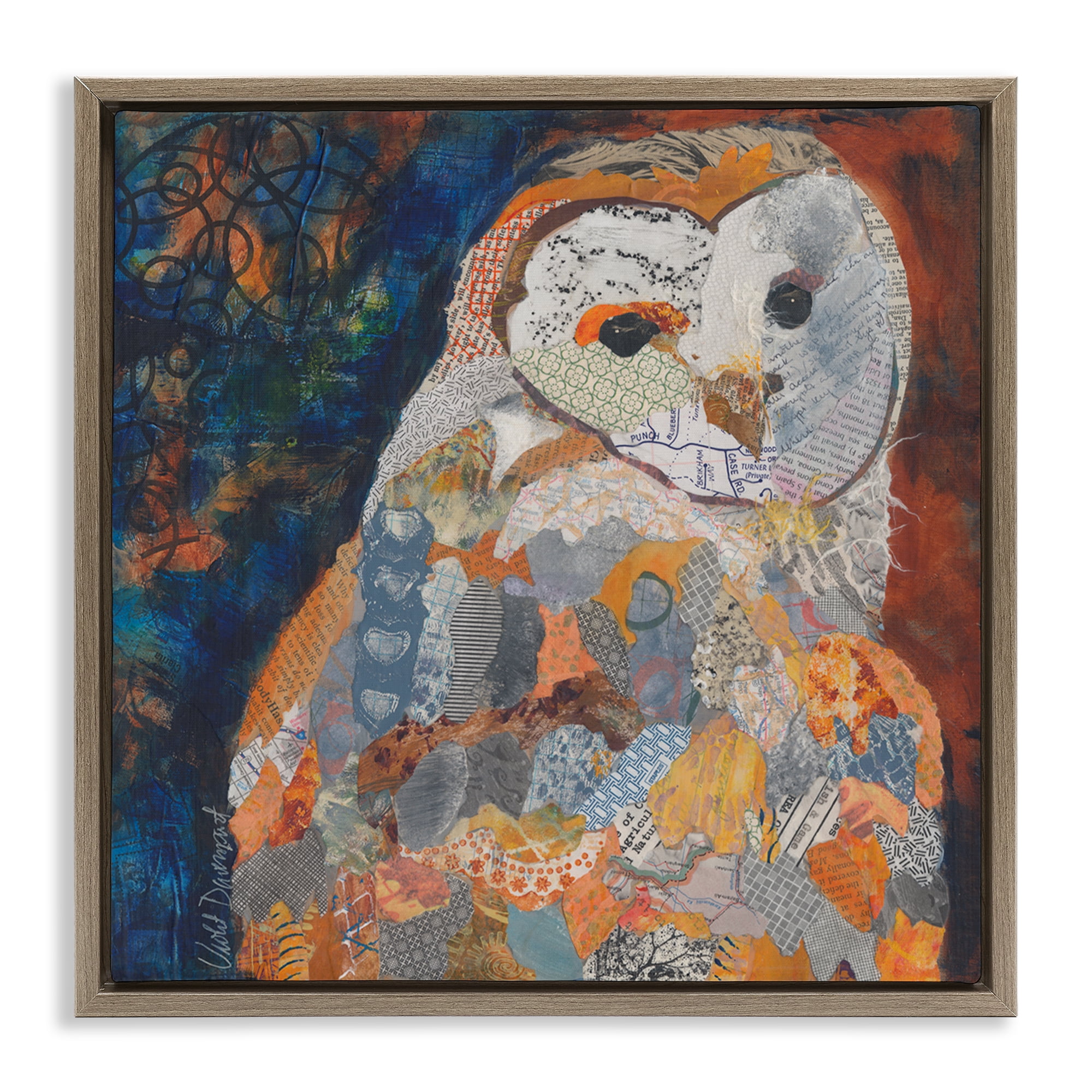 Stupell Industries Collage Patterned Owl Animals Painting Brown Floater Framed Canvas Art Print Wall Art, 18 x 18
