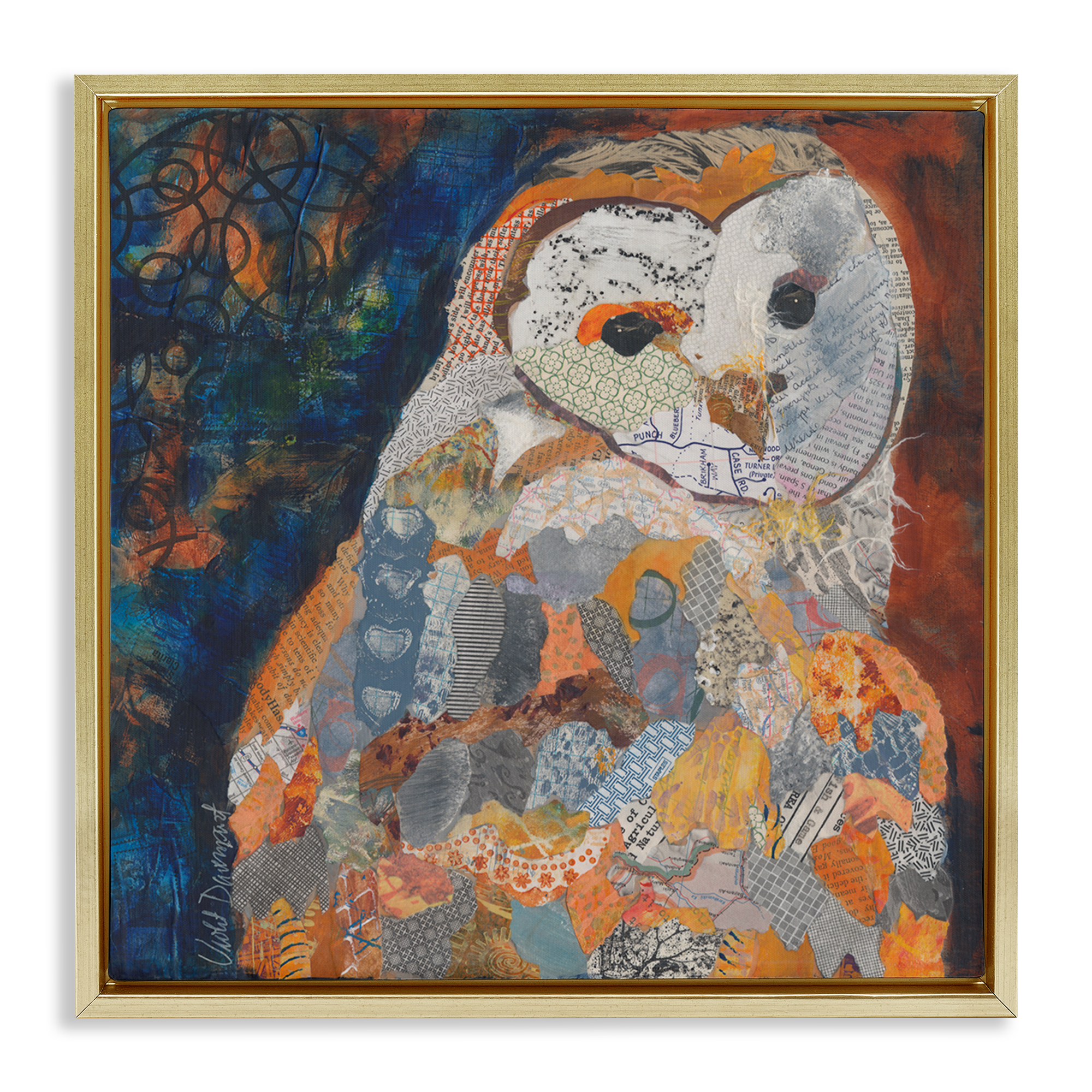 Stupell Industries Collage Patterned Owl Animals Painting Gold Floater Framed Canvas Art Print Wall Art, 25 x 25