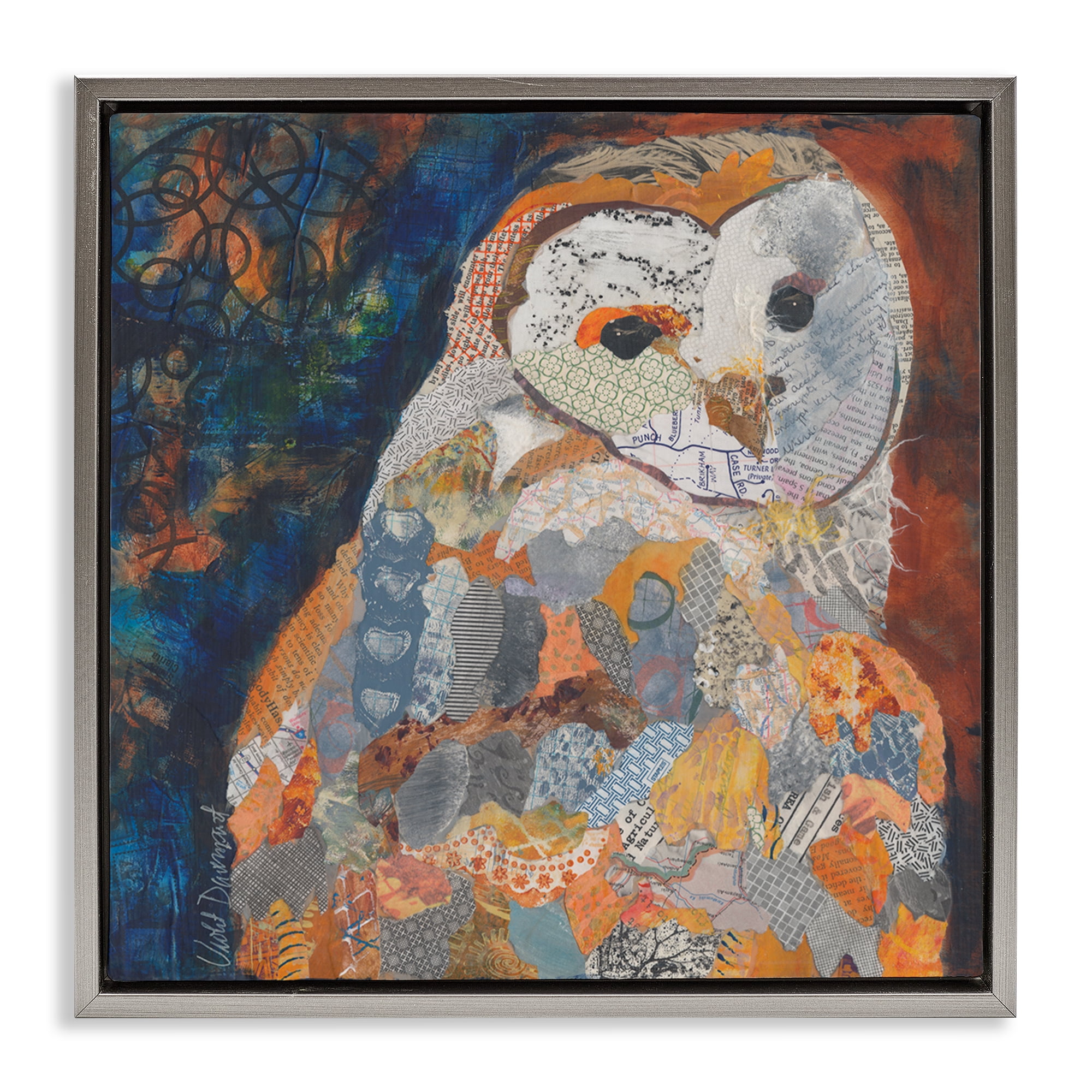 Stupell Industries Collage Patterned Owl Animals Painting Gray Floater Framed Canvas Art Print Wall Art, 18 x 18