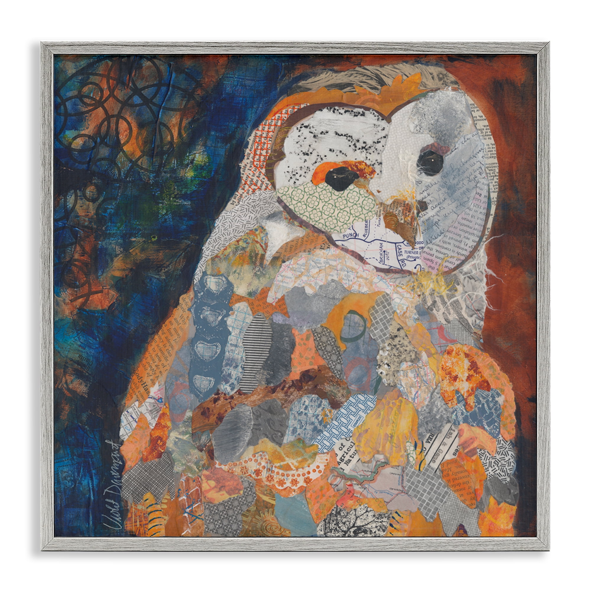 Stupell Industries Collage Patterned Owl Animals Painting Gray Framed Art Print Wall Art, 12 x 12