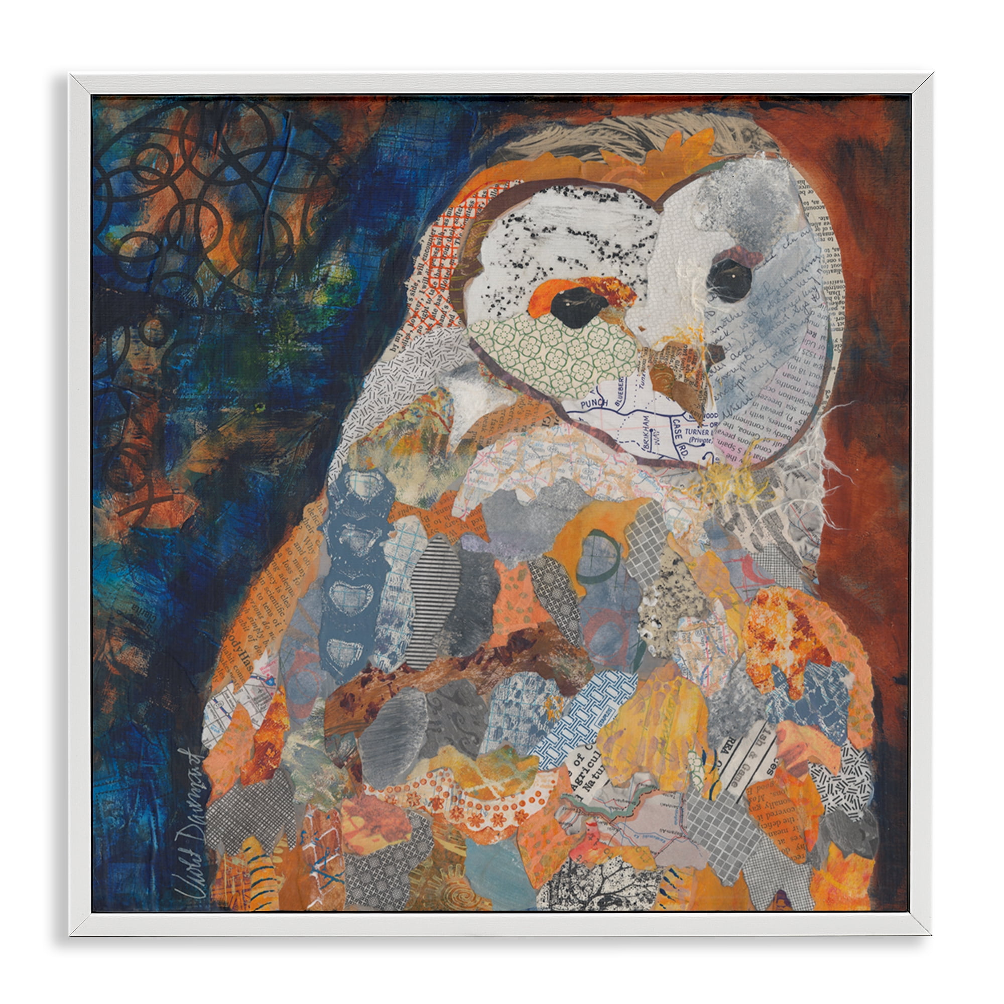 Stupell Industries Collage Patterned Owl Animals Painting White Framed Art Print Wall Art, 12 x 12