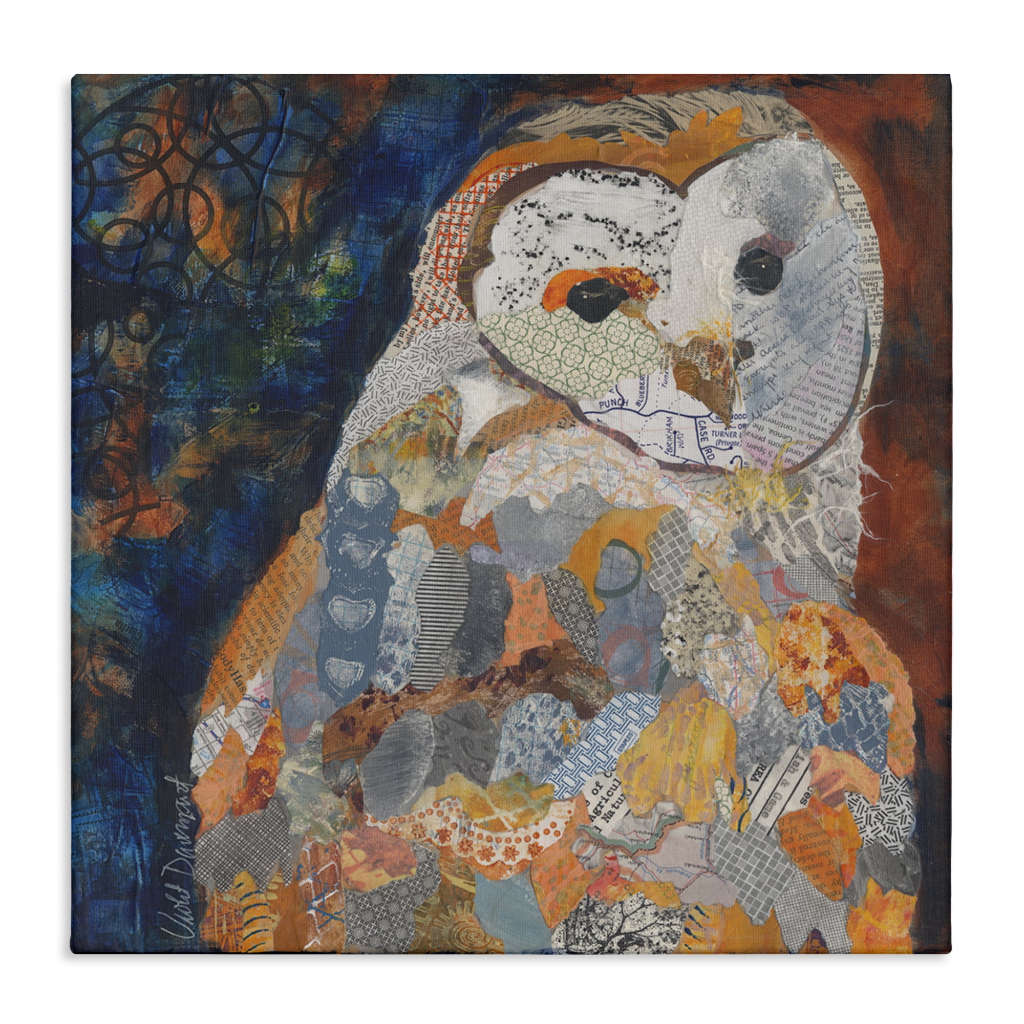 Stupell Industries Collage Patterned Owl Animals Painting Wrapped Canvas Art Print Wall Art, 36 x 36