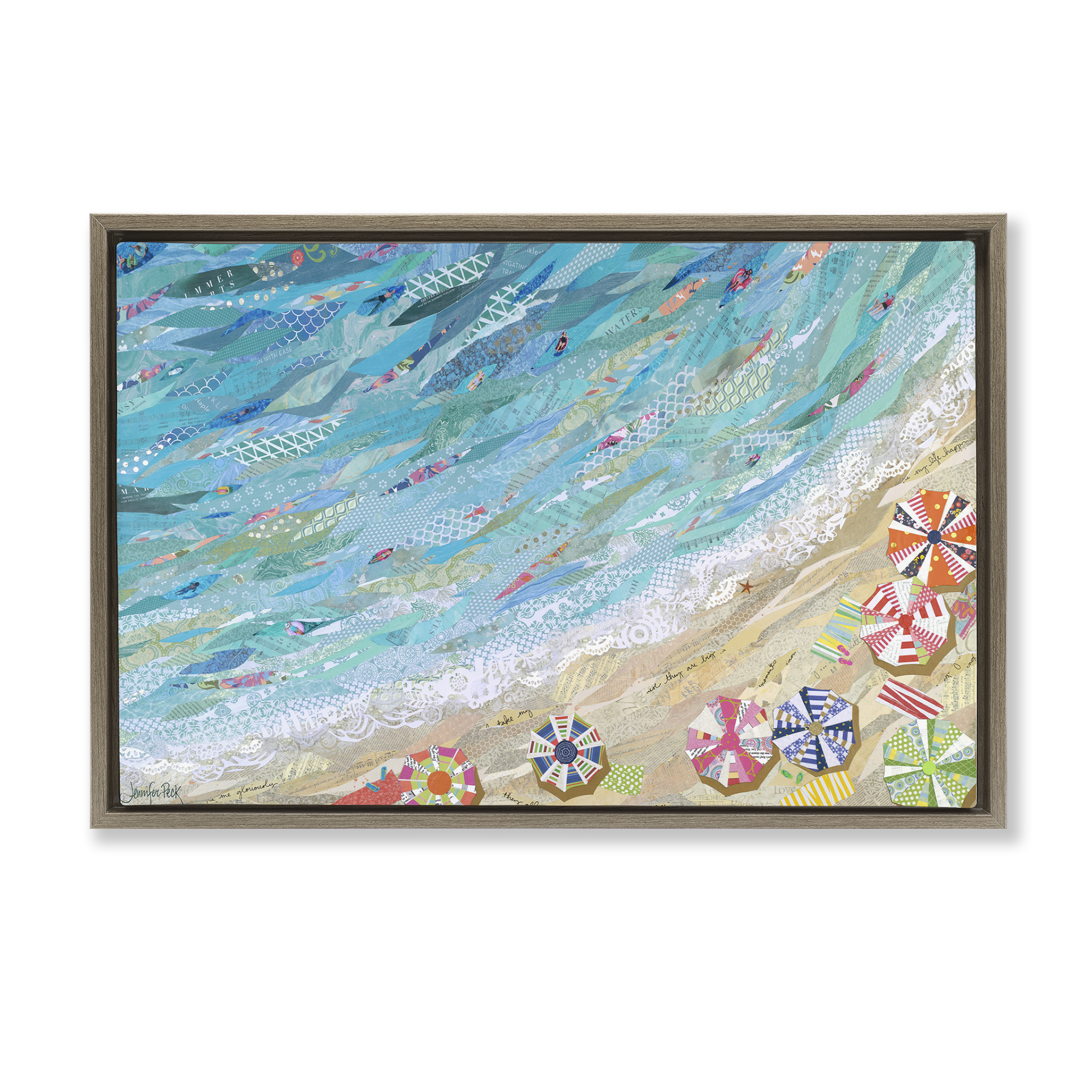 Stupell Industries Collaged Aerial Beach View Coastal Painting Brown Floater Framed Canvas Art Print Wall Art, 25 x 17