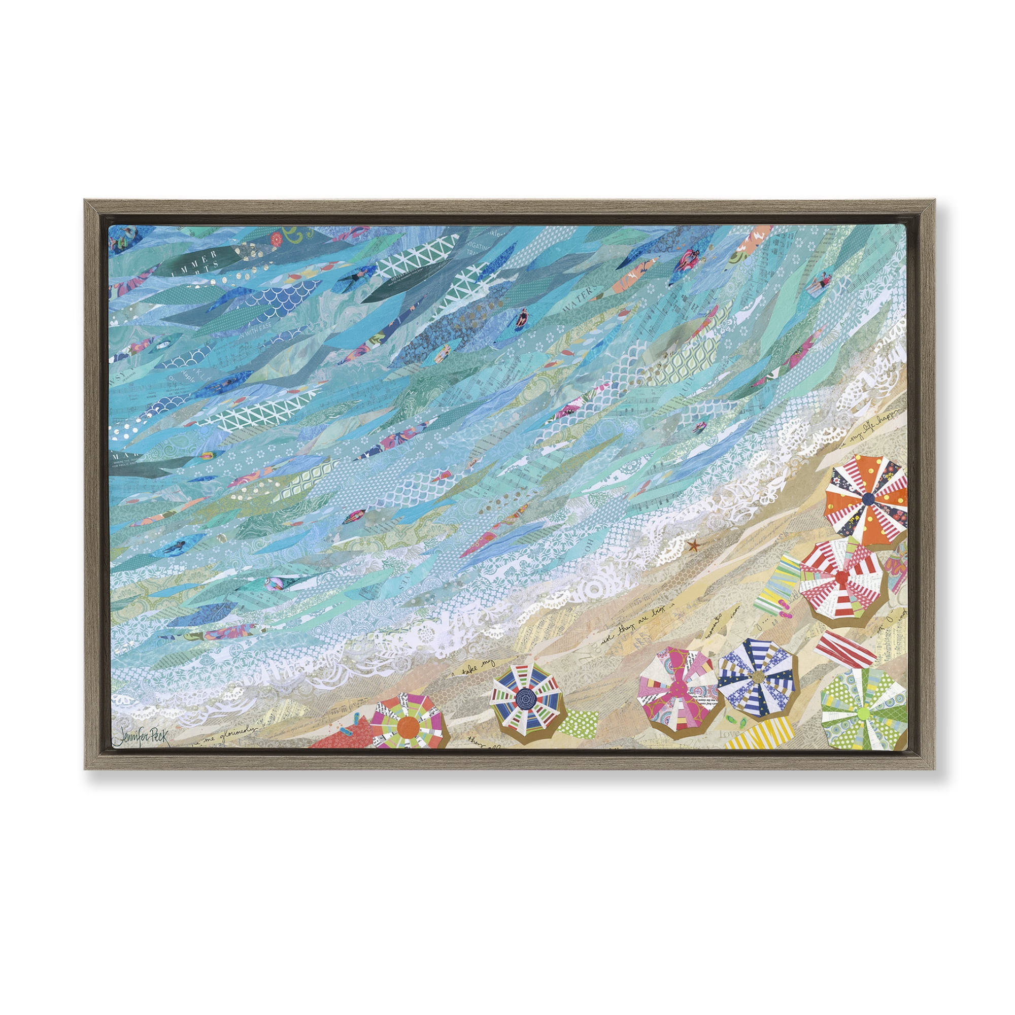 Stupell Industries Collaged Aerial Beach View Coastal Painting Brown Floater Framed Canvas Art Print Wall Art, 31 x 21