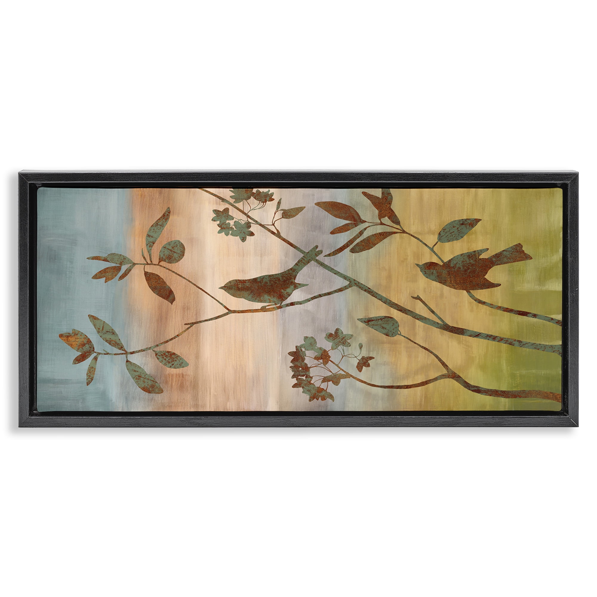 Stupell Industries Collaged Bird Nature Silhouette Botanical & Floral Painting Black Floater Framed Canvas Art Print Wall Art, 31 x 14