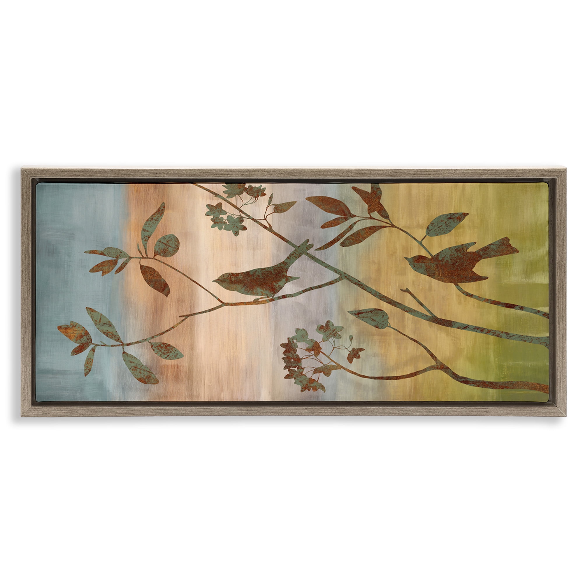 Stupell Industries Collaged Bird Nature Silhouette Botanical & Floral Painting Brown Floater Framed Canvas Art Print Wall Art, 25 x 11