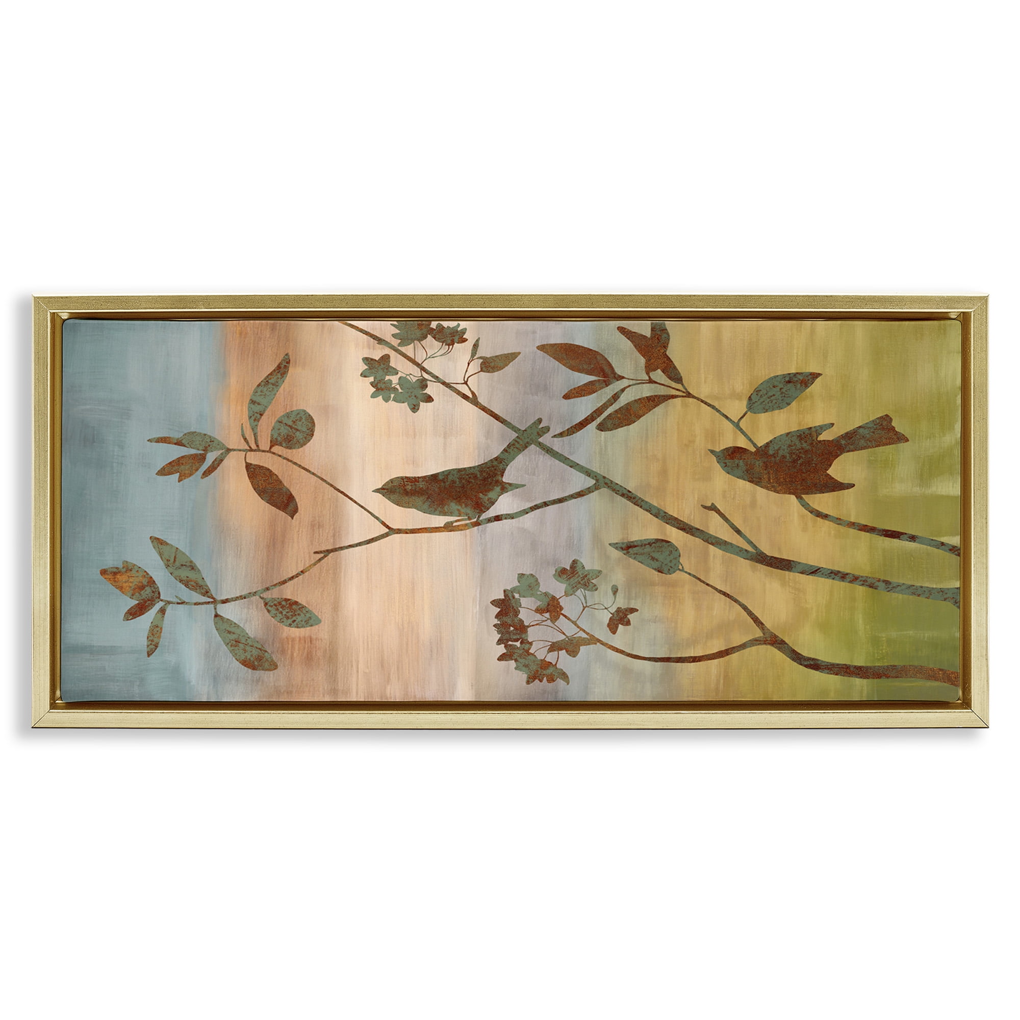 Stupell Industries Collaged Bird Nature Silhouette Botanical & Floral Painting Gold Floater Framed Canvas Art Print Wall Art, 25 x 11