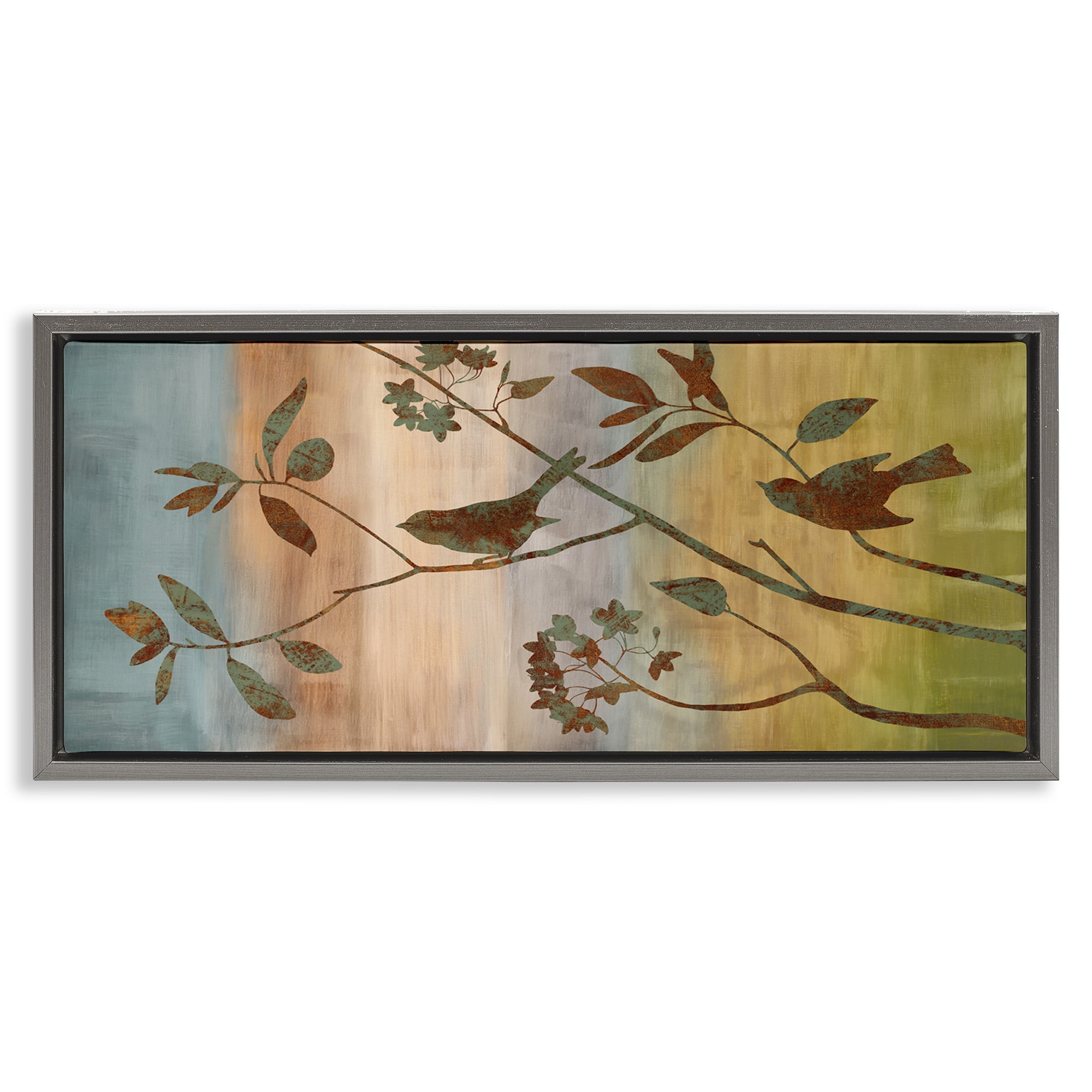 Stupell Industries Collaged Bird Nature Silhouette Botanical & Floral Painting Gray Floater Framed Canvas Art Print Wall Art, 31 x 14