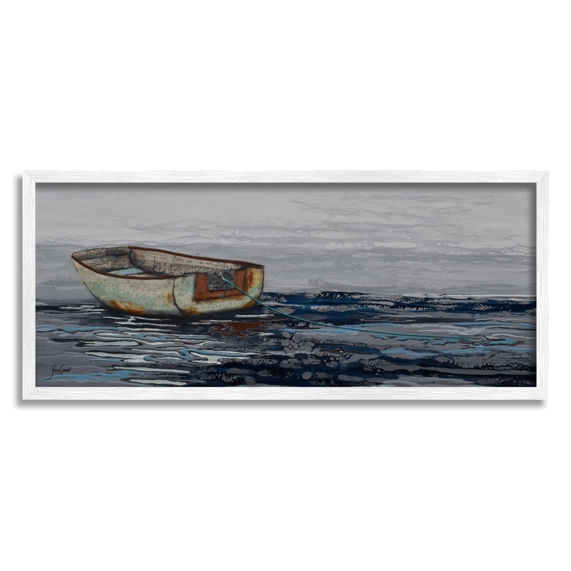 Stupell Industries Collaged Dinghy Boat Drifting Vast Ocean Sea Painting White Framed Art Print Wall Art, Design by Stacy Gresell