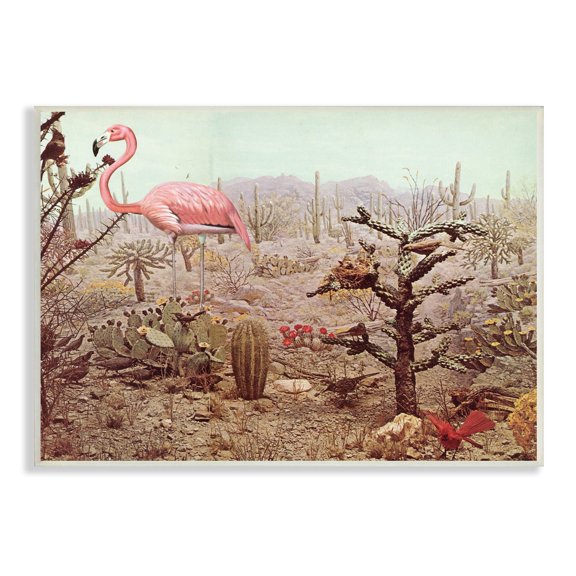 Stupell Industries Collaged Flamingo Desert Cactus Wildlife Scene Wood Wall Art, 19 x 13, Design by Cassia Beck