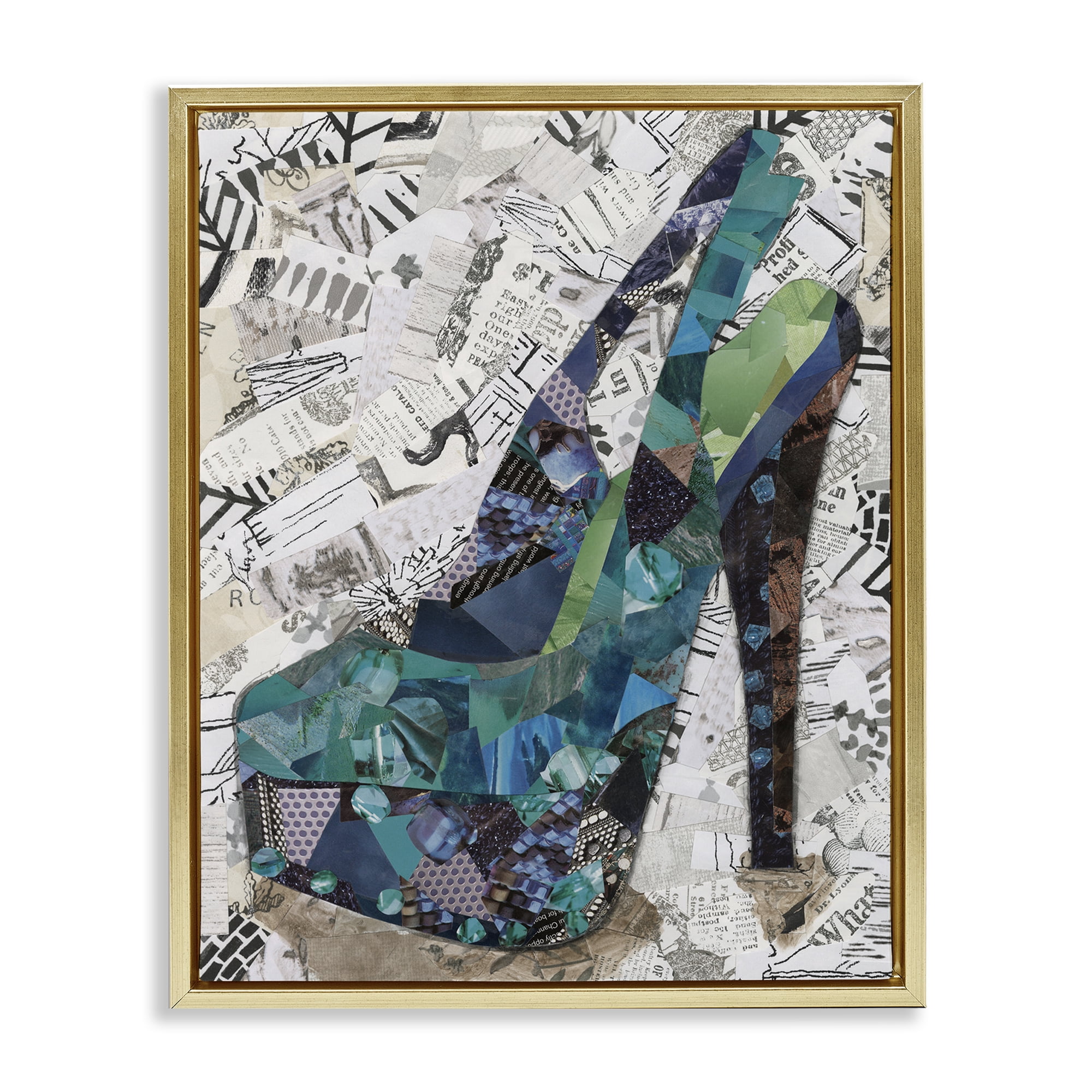 Stupell Industries Collaged High Heel Fashion Painting Gold Floater Framed Canvas Art Print Wall Art, 25 x 31