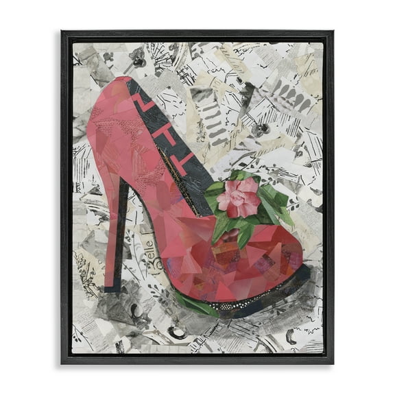 Stupell Industries Collaged Pink Heel Fashion Painting Black Floater Framed Canvas Art Print Wall Art, 17 x 21