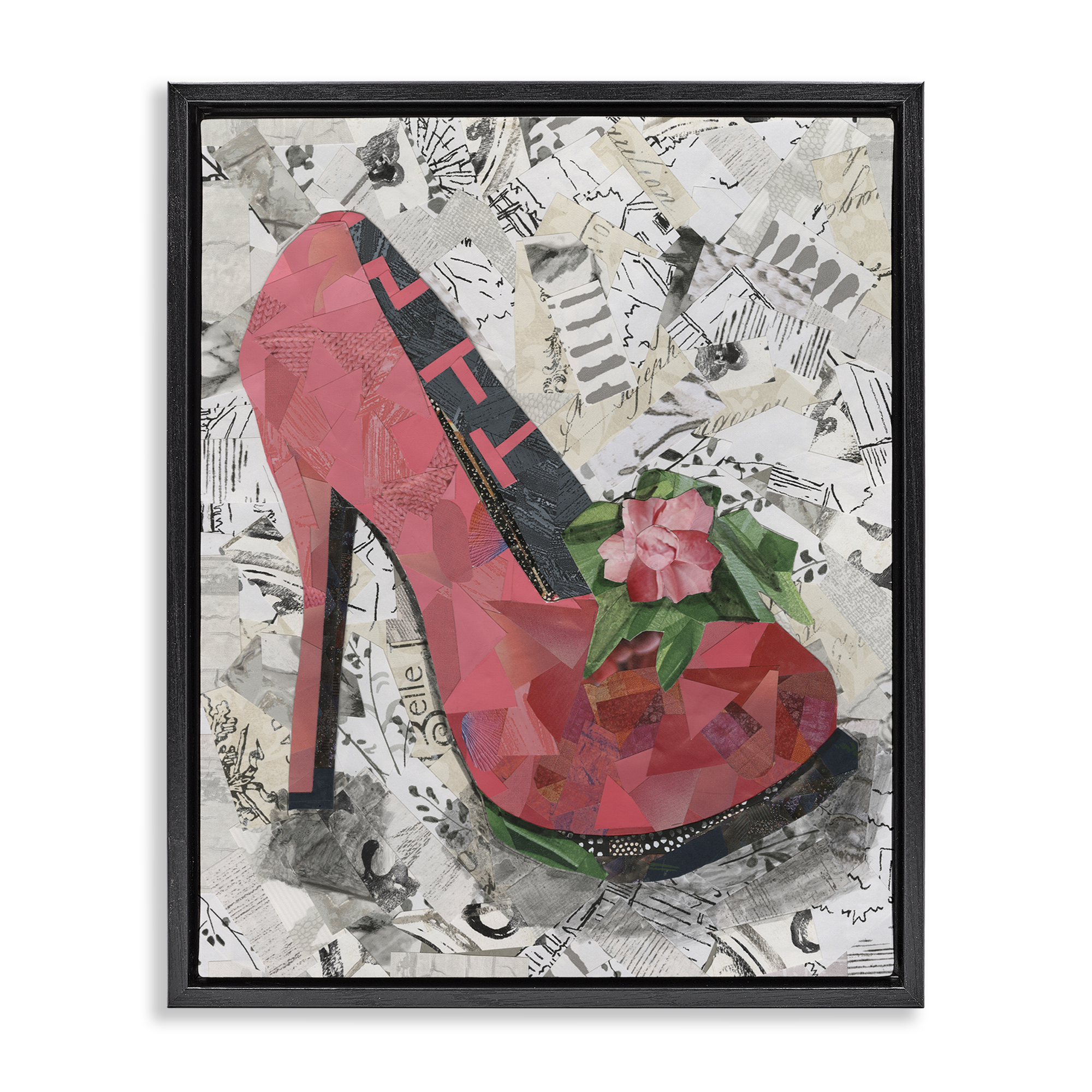 Stupell Industries Collaged Pink Heel Fashion Painting Black Floater Framed Canvas Art Print Wall Art, 25 x 31