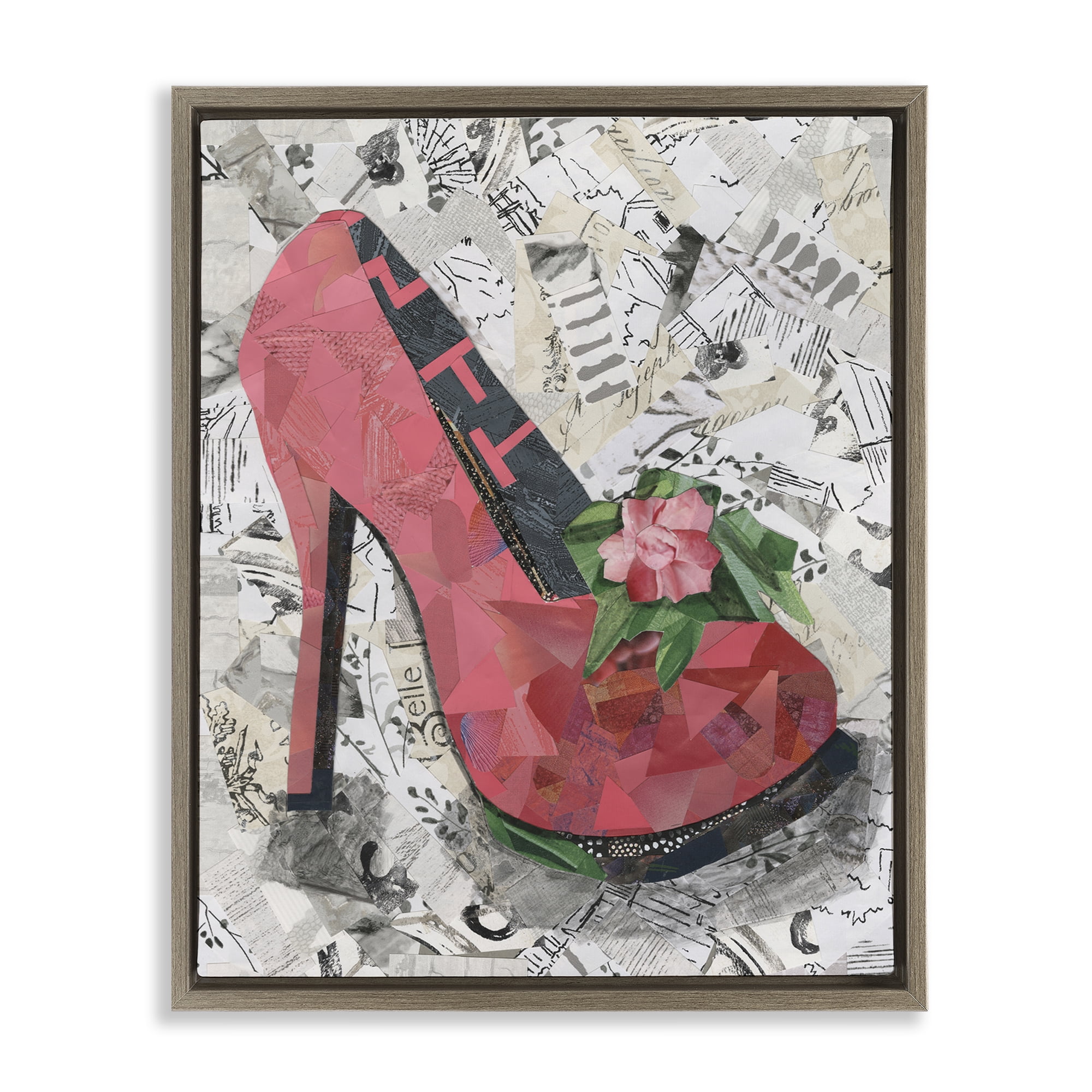 Stupell Industries Collaged Pink Heel Fashion Painting Brown Floater Framed Canvas Art Print Wall Art, 17 x 21
