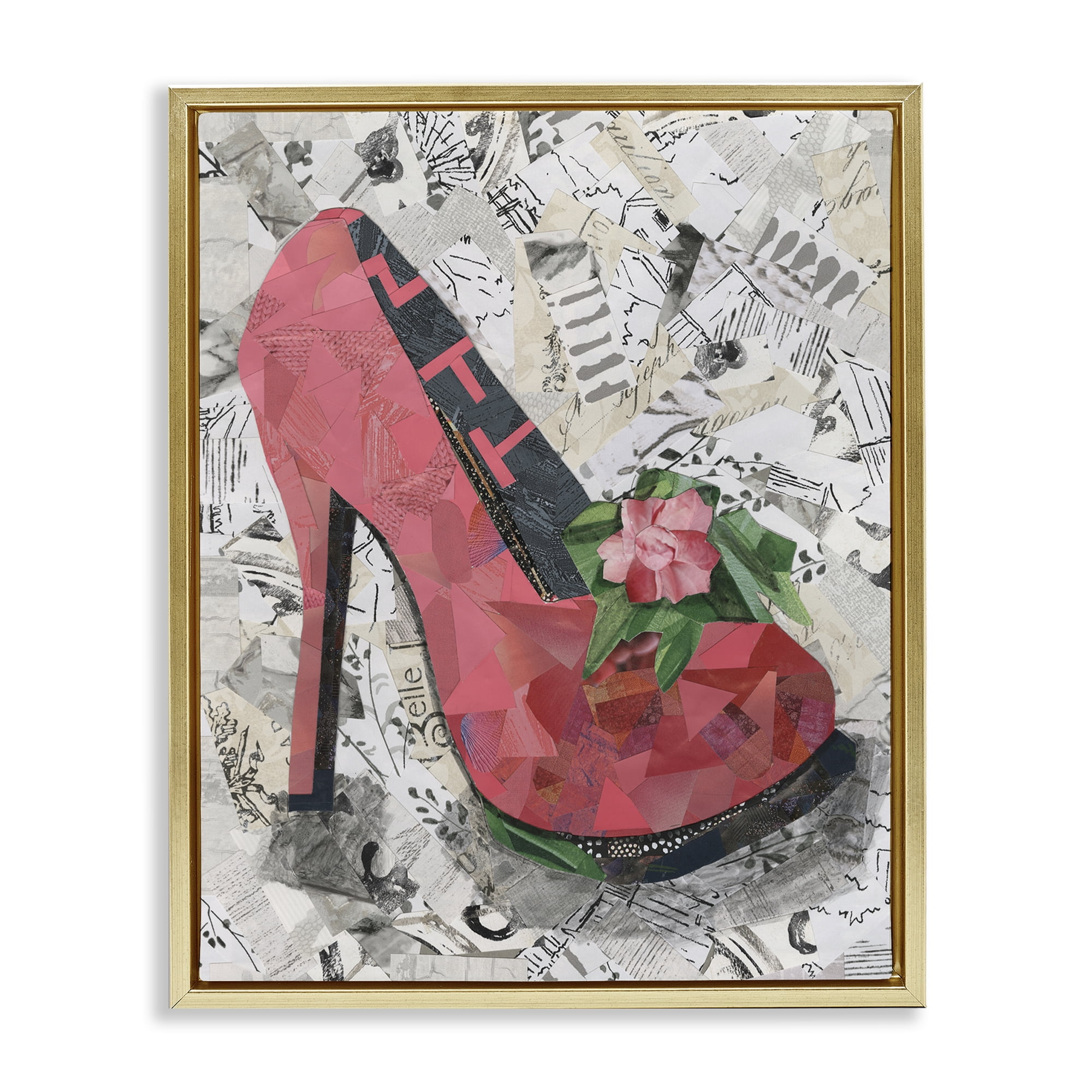 Stupell Industries Collaged Pink Heel Fashion Painting Gold Floater Framed Canvas Art Print Wall Art, 25 x 31