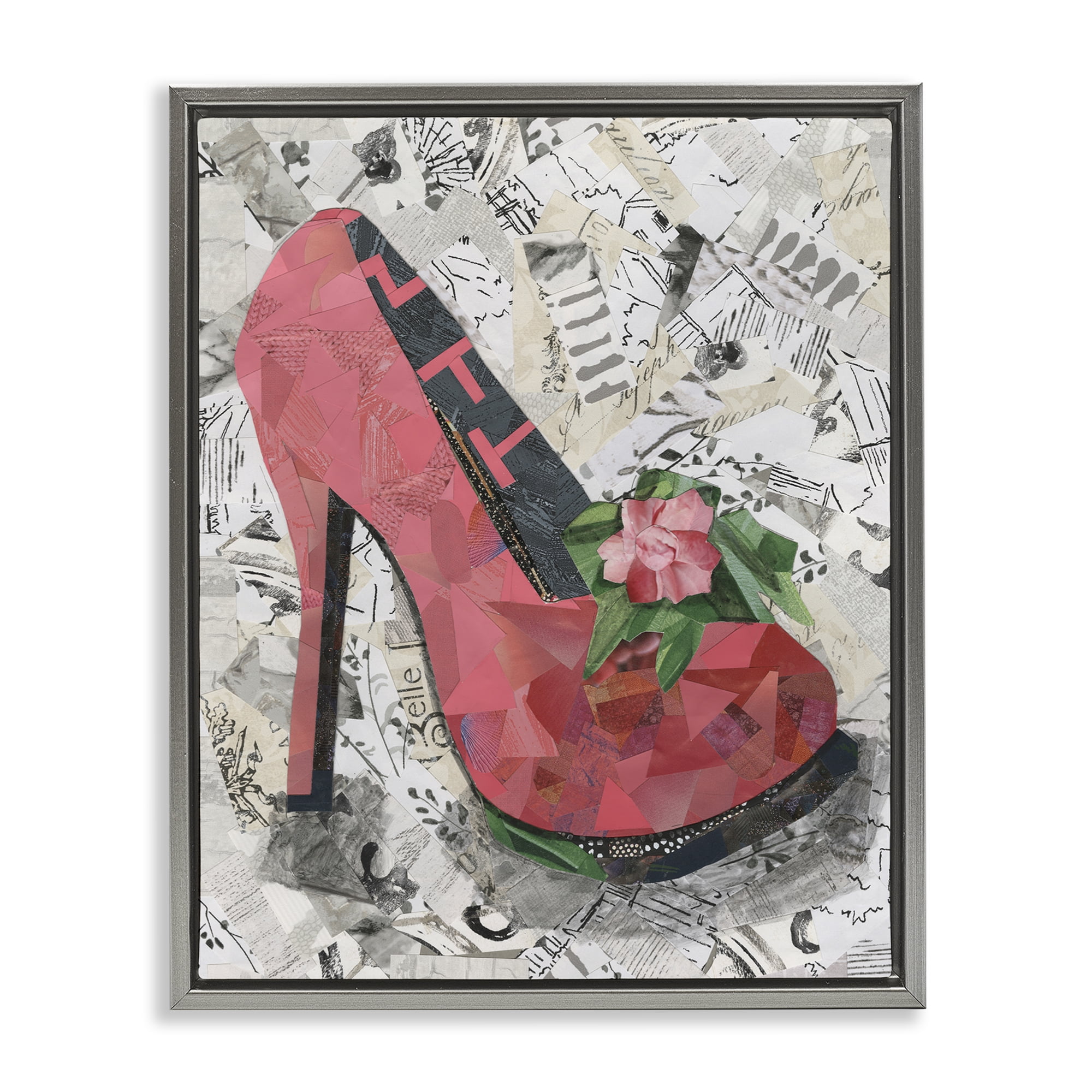 Stupell Industries Collaged Pink Heel Fashion Painting Gray Floater Framed Canvas Art Print Wall Art, 25 x 31