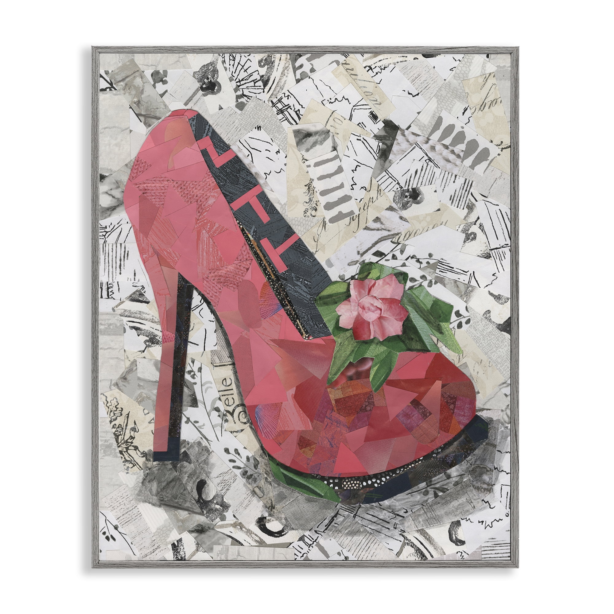 Stupell Industries Collaged Pink Heel Fashion Painting Gray Framed Art Print Wall Art, 24 x 30