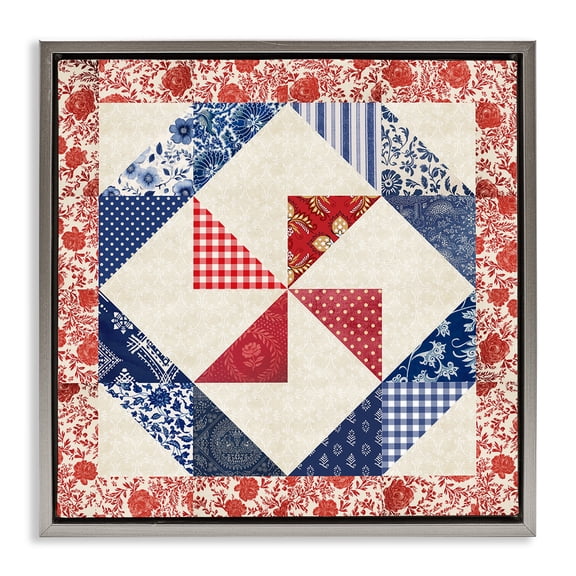 Stupell Industries Collaged Quilt Patterns Red & Blue Abstract Painting Gray Floater Framed Canvas Art Print Wall Art, 18 x 18