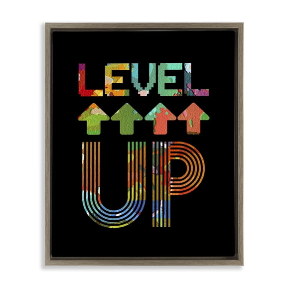 Stupell Industries Collaged Retro Level Up Brown Framed Floater Canvas Wall Art, design by Marcus Prime