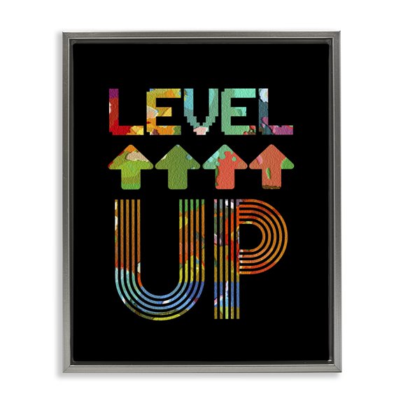 Stupell Industries Collaged Retro Level Up Gray Framed Floater Canvas Wall Art, design by Marcus Prime