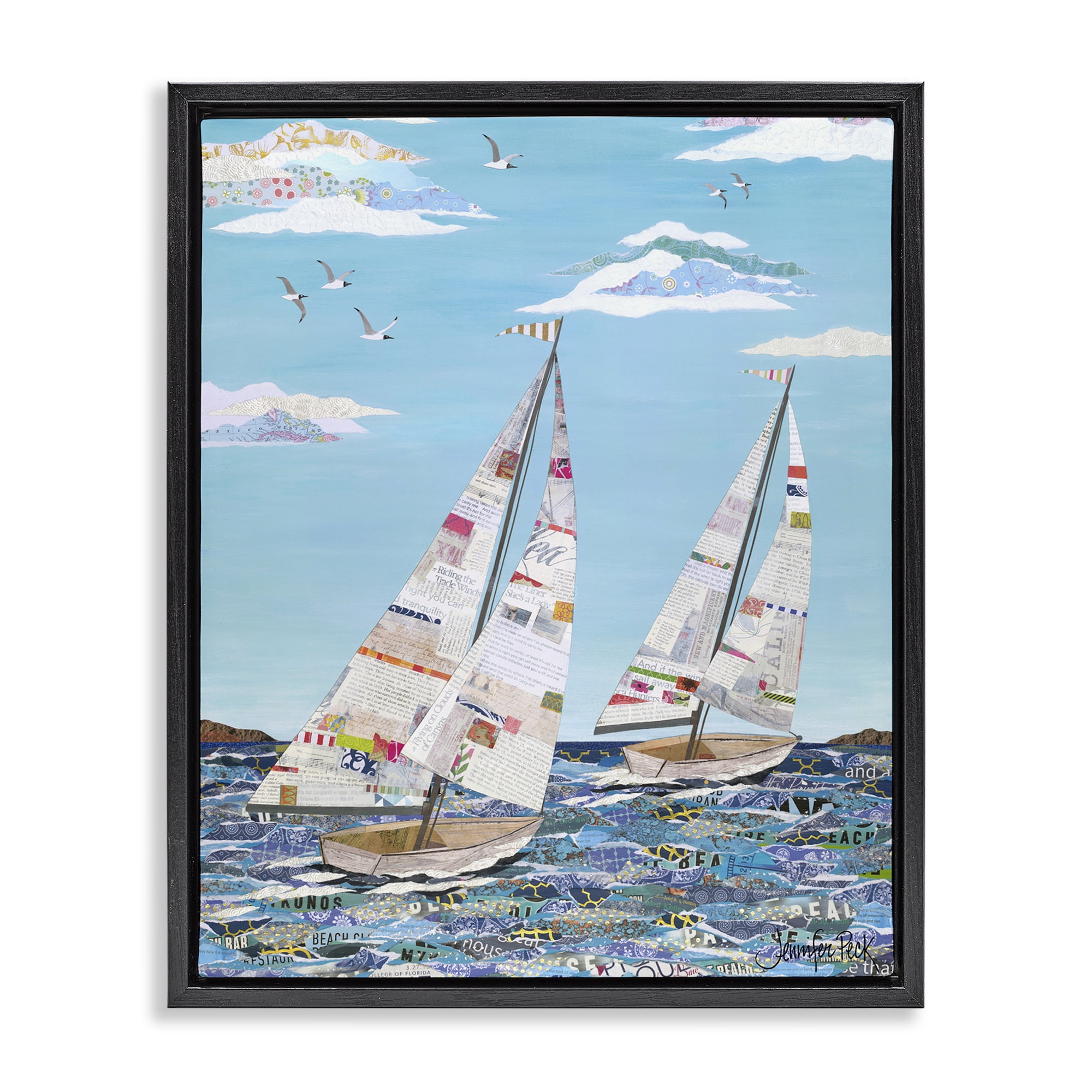 Stupell Industries Collaged Sailboat Pair Transportation Painting Black Floater Framed Canvas Art Print Wall Art, 25 x 31