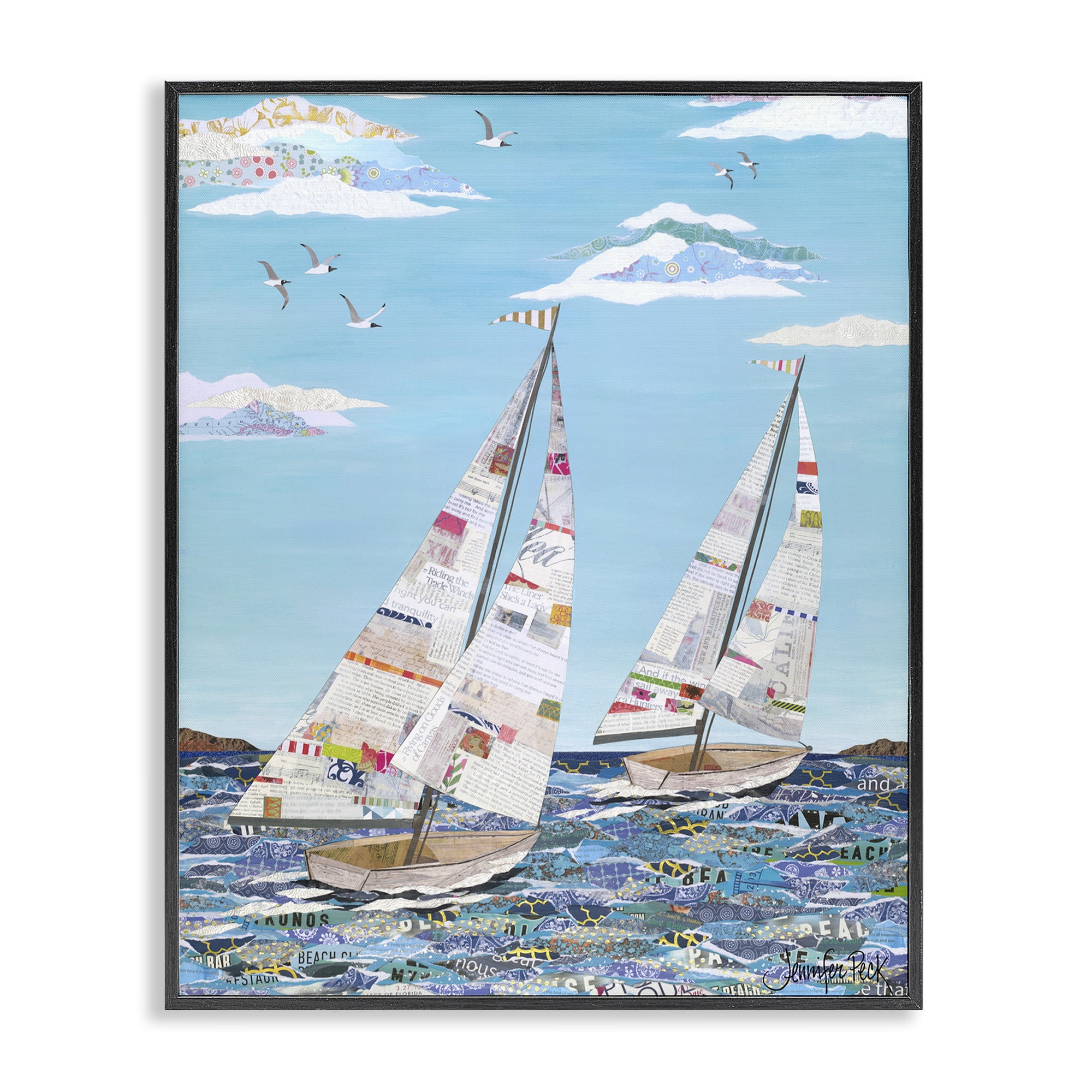 Stupell Industries Collaged Sailboat Pair Transportation Painting Black Framed Art Print Wall Art, 24 x 30