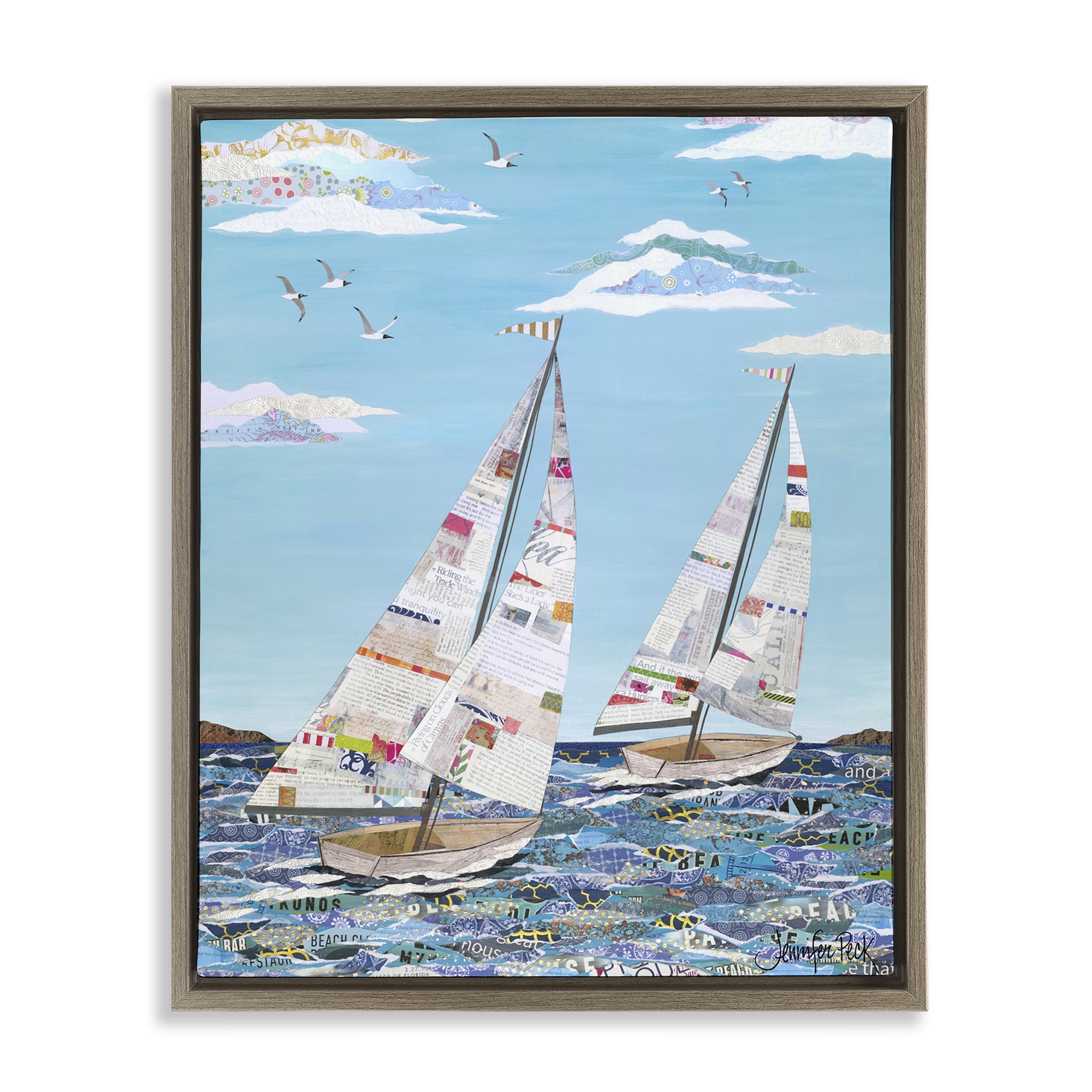 Stupell Industries Collaged Sailboat Pair Transportation Painting Brown Floater Framed Canvas Art Print Wall Art, 17 x 21