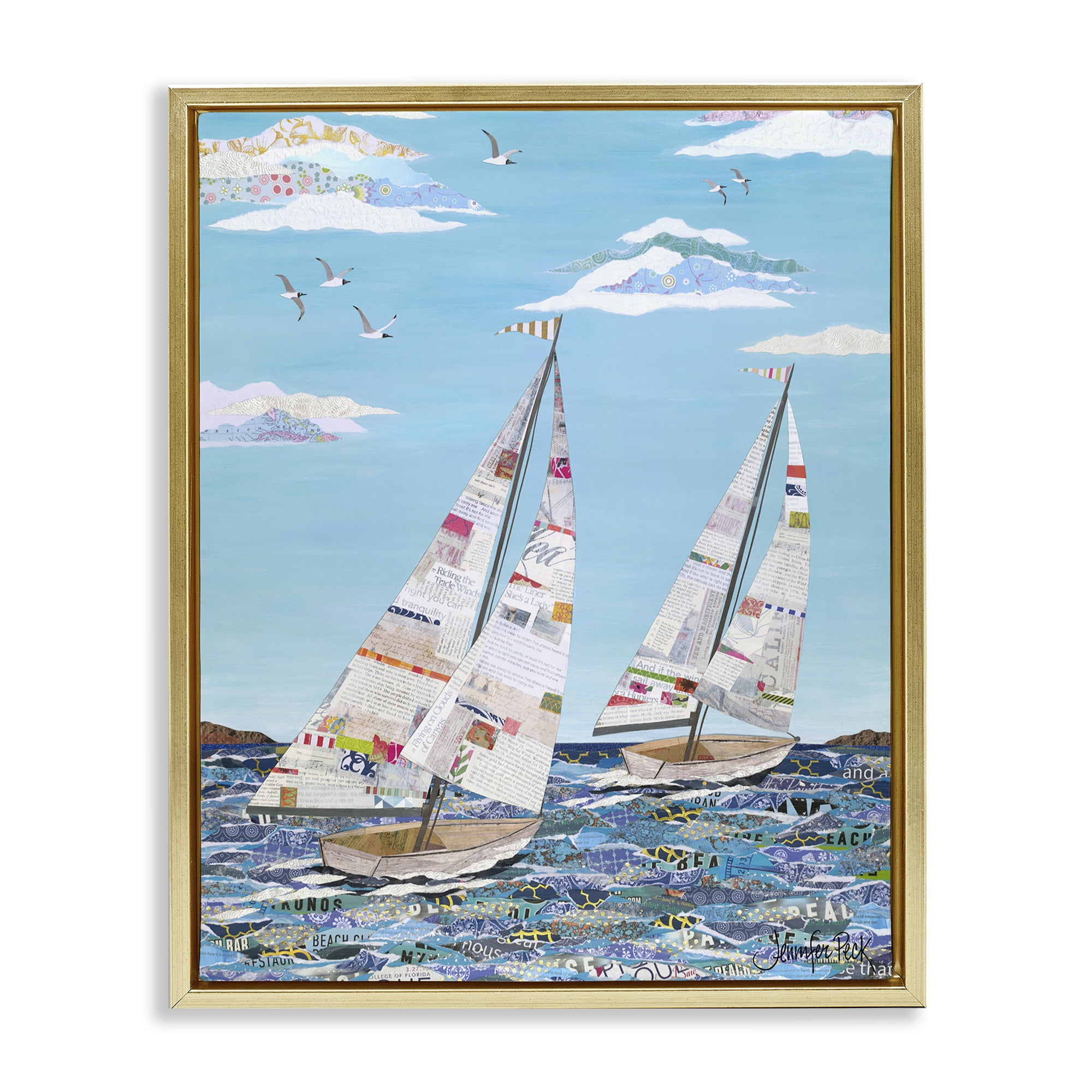 Stupell Industries Collaged Sailboat Pair Transportation Painting Gold Floater Framed Canvas Art Print Wall Art, 25 x 31