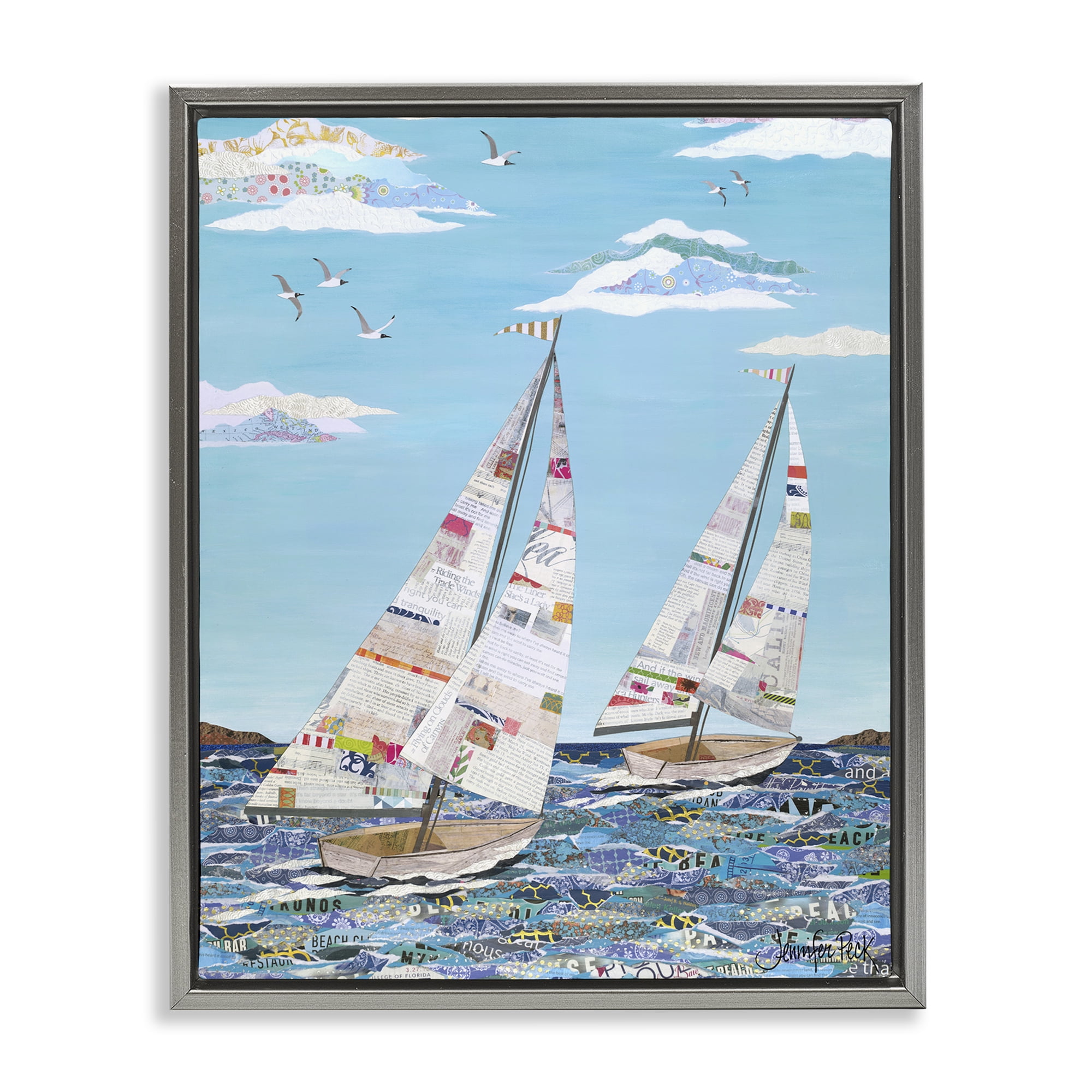 Stupell Industries Collaged Sailboat Pair Transportation Painting Gray Floater Framed Canvas Art Print Wall Art, 17 x 21