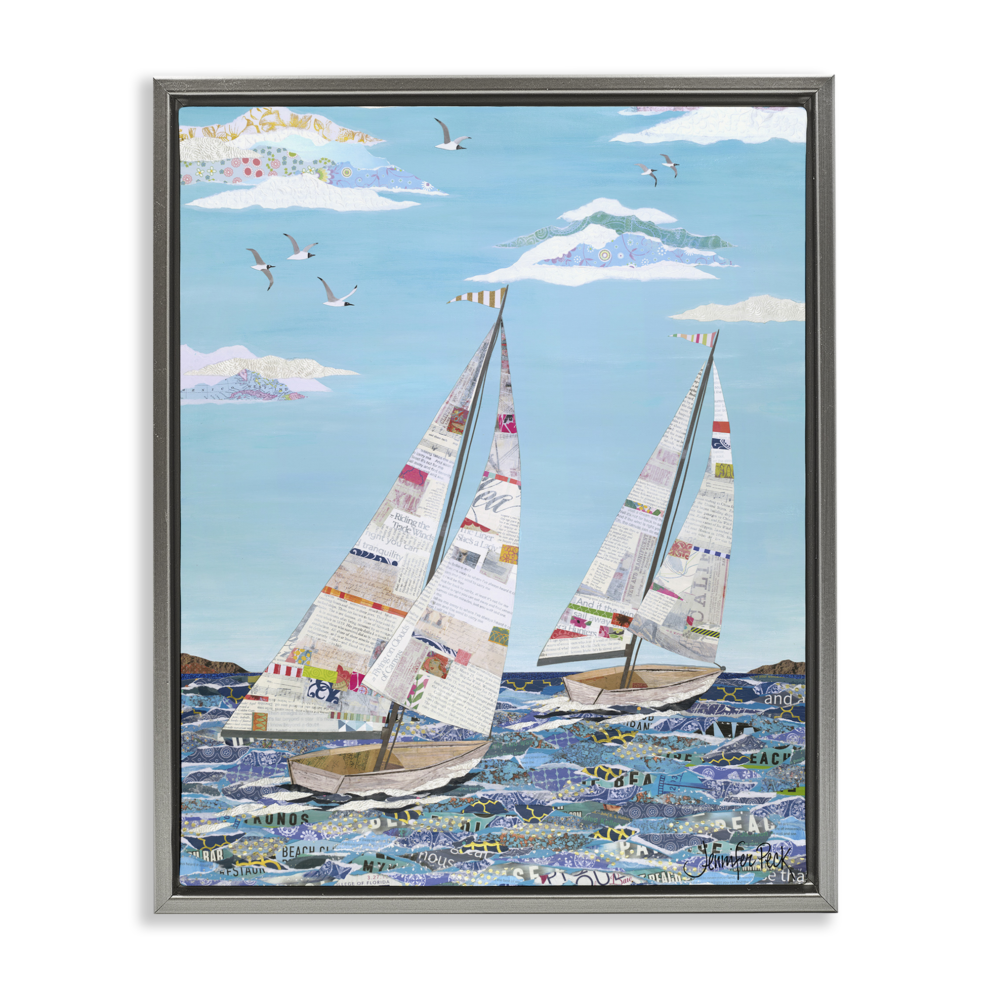 Stupell Industries Collaged Sailboat Pair Transportation Painting Gray Floater Framed Canvas Art Print Wall Art, 25 x 31