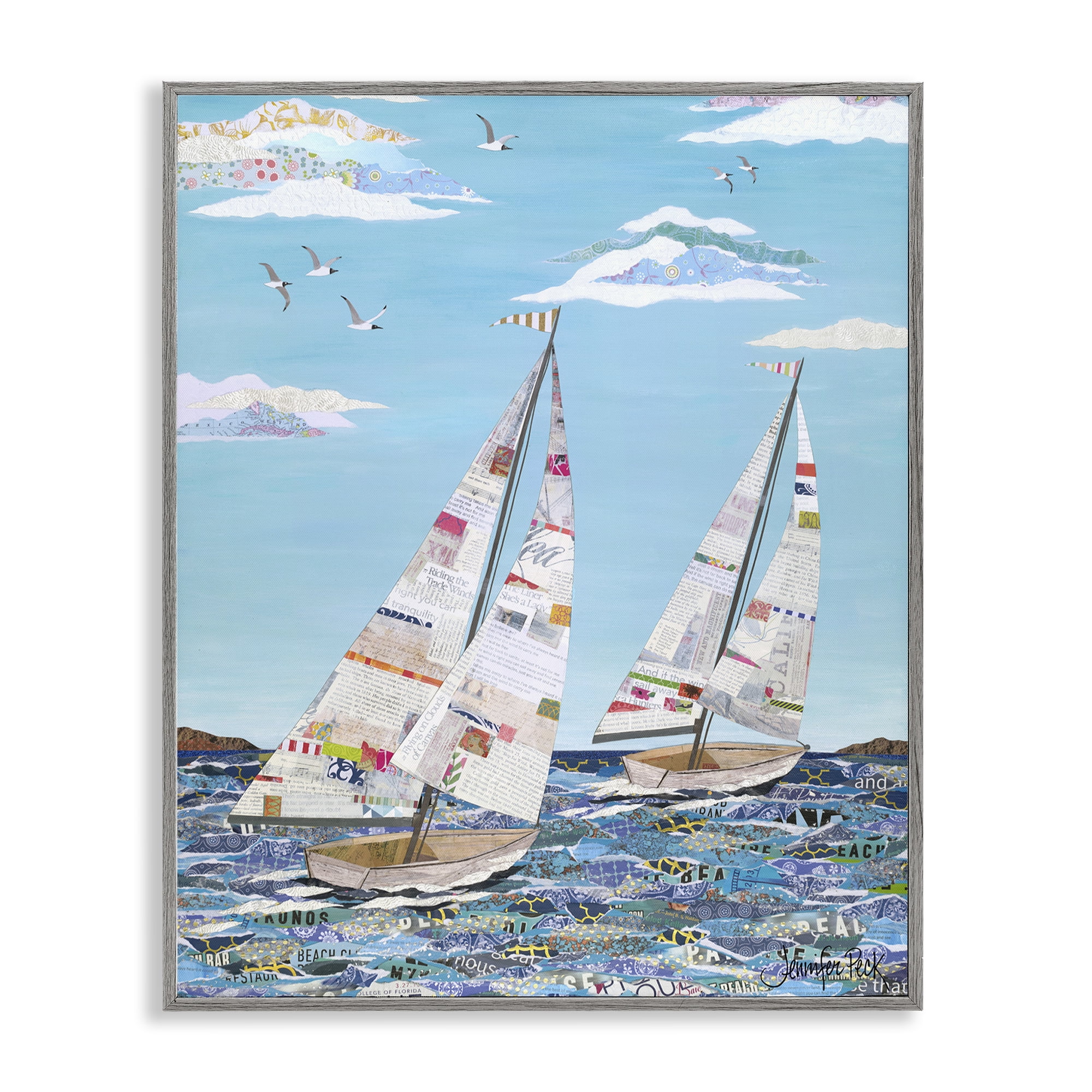 Stupell Industries Collaged Sailboat Pair Transportation Painting Gray Framed Art Print Wall Art, 24 x 30