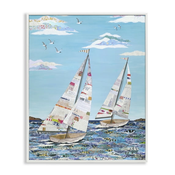Stupell Industries Collaged Sailboat Pair Transportation Painting White Framed Art Print Wall Art, 16 x 20