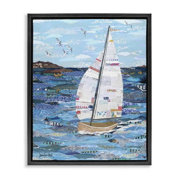 Stupell Industries Collaged Sailboat Scene Transportation Painting Black Floater Framed Canvas Art Print Wall Art, 17 x 21