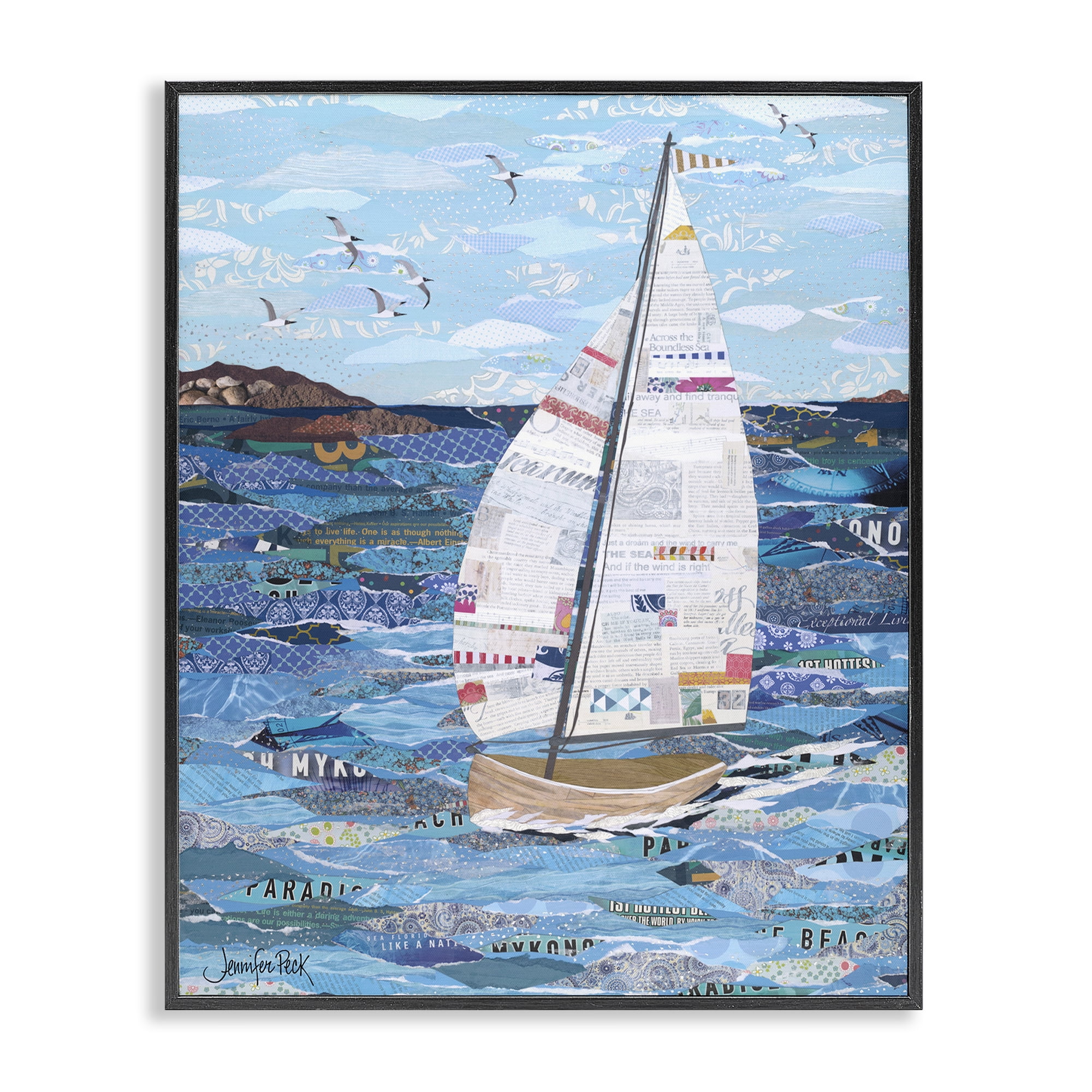 Stupell Industries Collaged Sailboat Scene Transportation Painting Black Framed Art Print Wall Art, 11 x 14