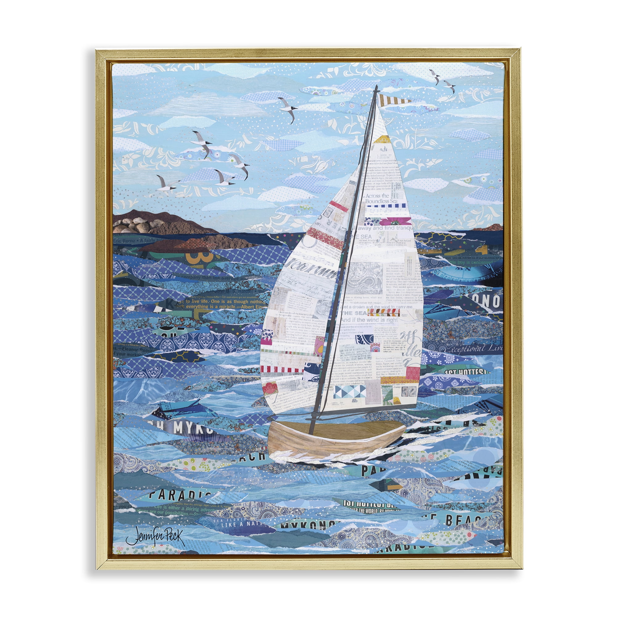 Stupell Industries Collaged Sailboat Scene Transportation Painting Gold Floater Framed Canvas Art Print Wall Art, 25 x 31