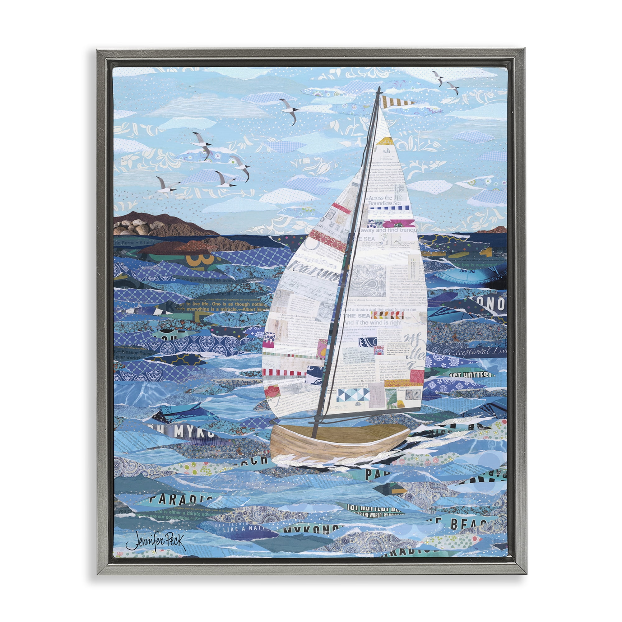 Stupell Industries Collaged Sailboat Scene Transportation Painting Gray Floater Framed Canvas Art Print Wall Art, 25 x 31