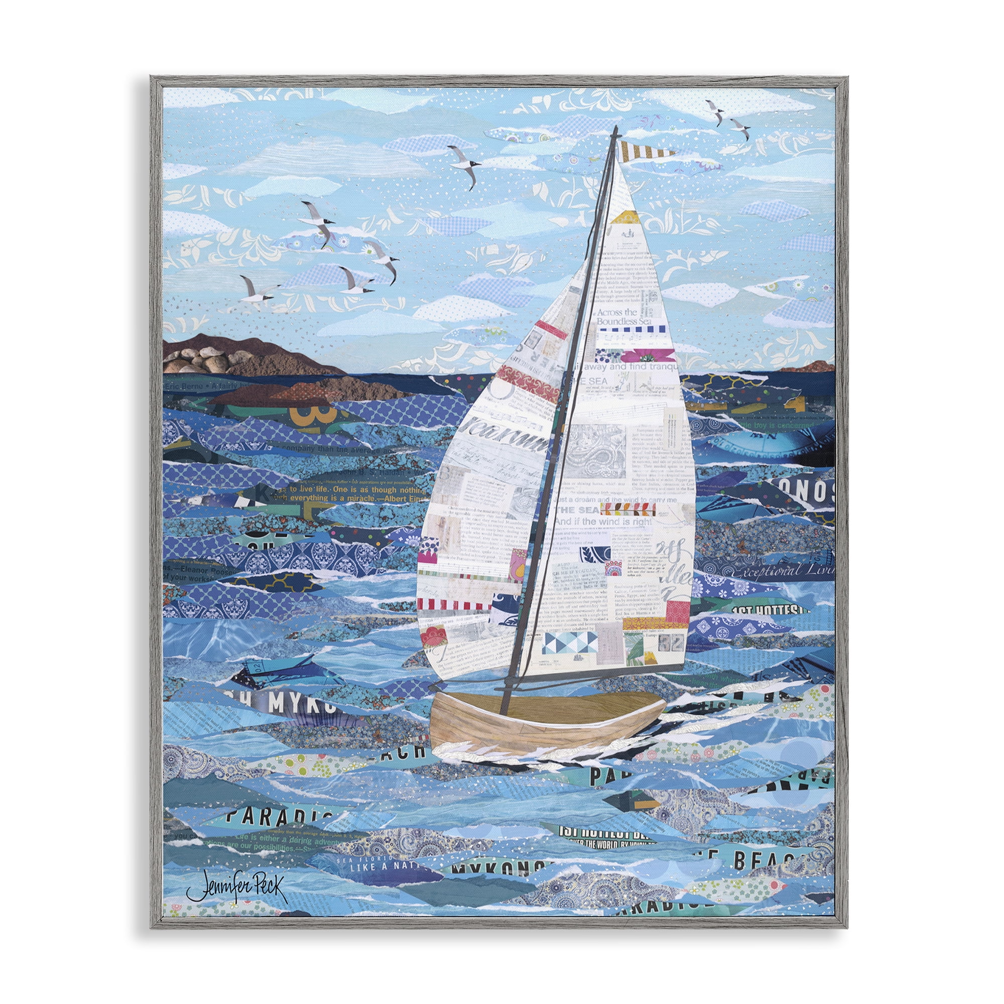 Stupell Industries Collaged Sailboat Scene Transportation Painting Gray Framed Art Print Wall Art, 16 x 20