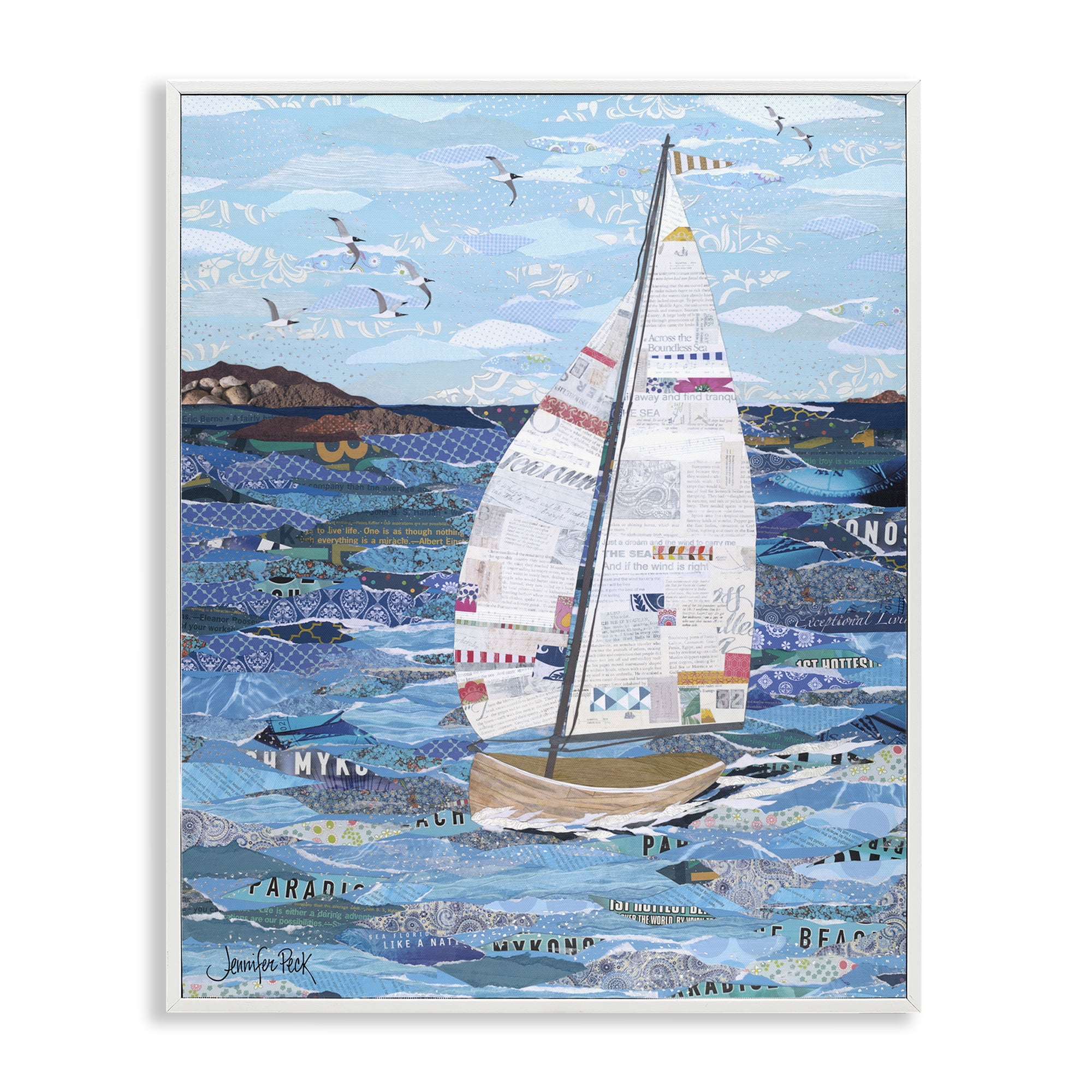 Stupell Industries Collaged Sailboat Scene Transportation Painting White Framed Art Print Wall Art, 24 x 30