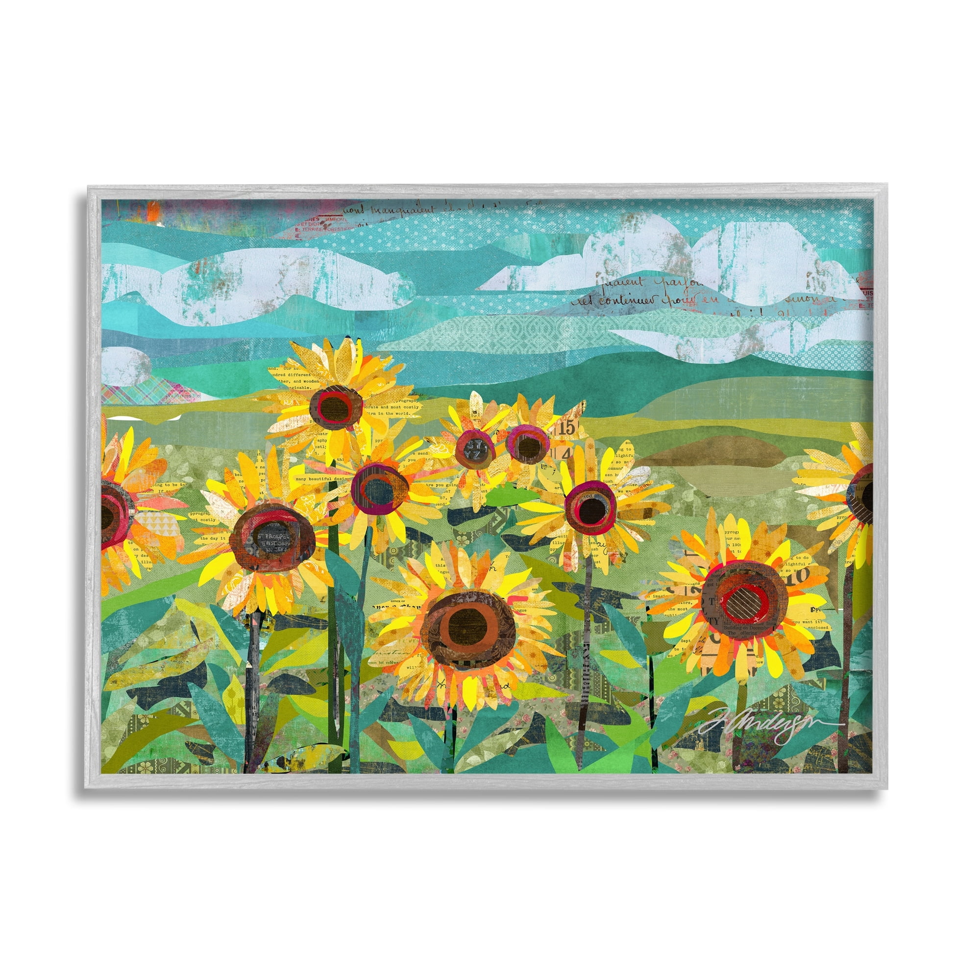 Stupell Industries Collaged Sunflower Field Abstract Layered Ephemera Meadow Graphic Art Gray Framed Art Print Wall Art, Design by Traci Anderson