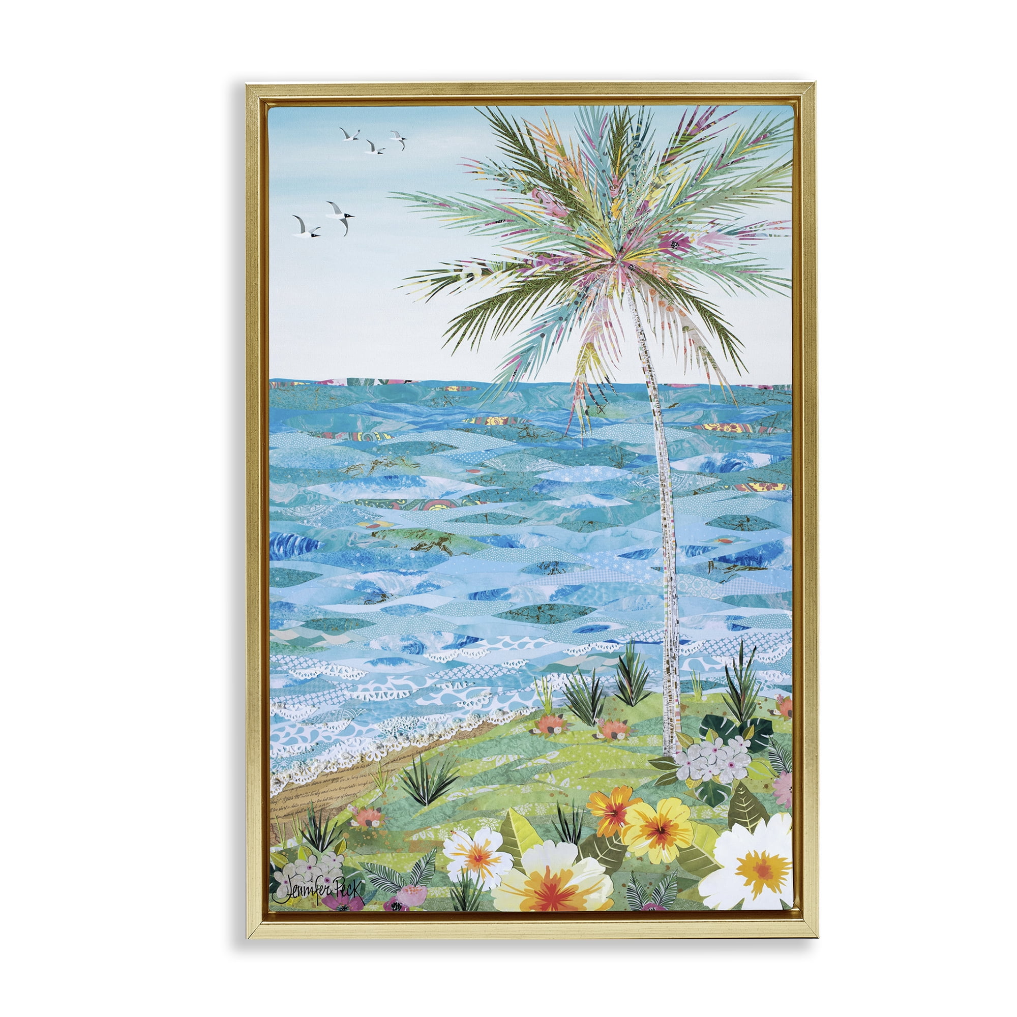 Stupell Industries Collaged Tropical Landscape Landscape Painting Gold Floater Framed Canvas Art Print Wall Art, 21 x 31