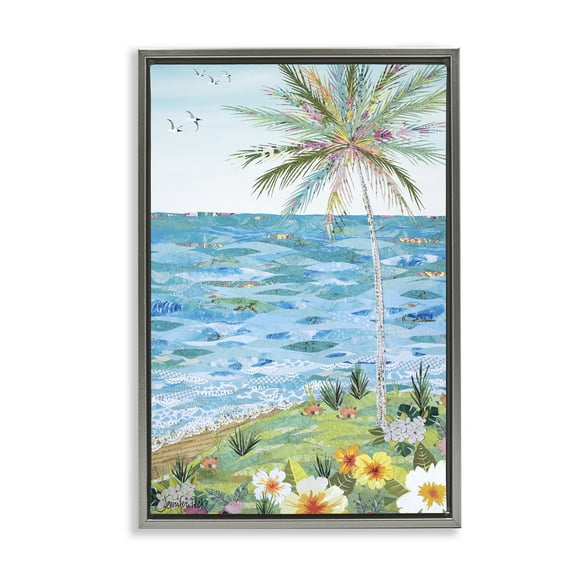 Stupell Industries Collaged Tropical Landscape Landscape Painting Gray Floater Framed Canvas Art Print Wall Art, 21 x 31
