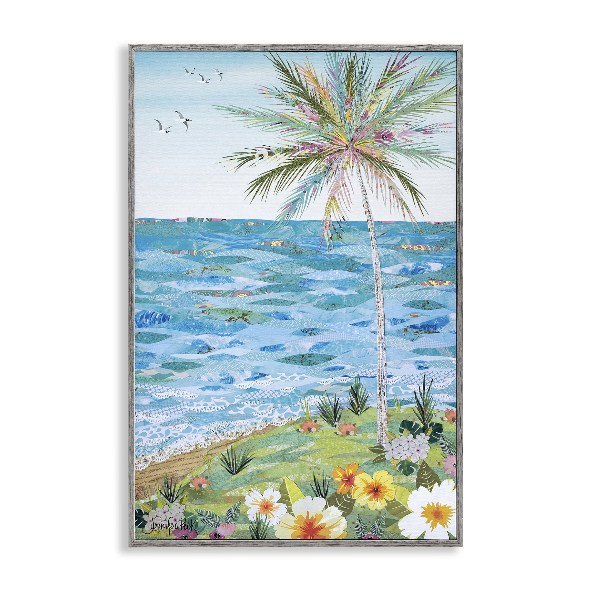 Stupell Industries Collaged Tropical Landscape Landscape Painting Gray Framed Art Print Wall Art, 16 x 24