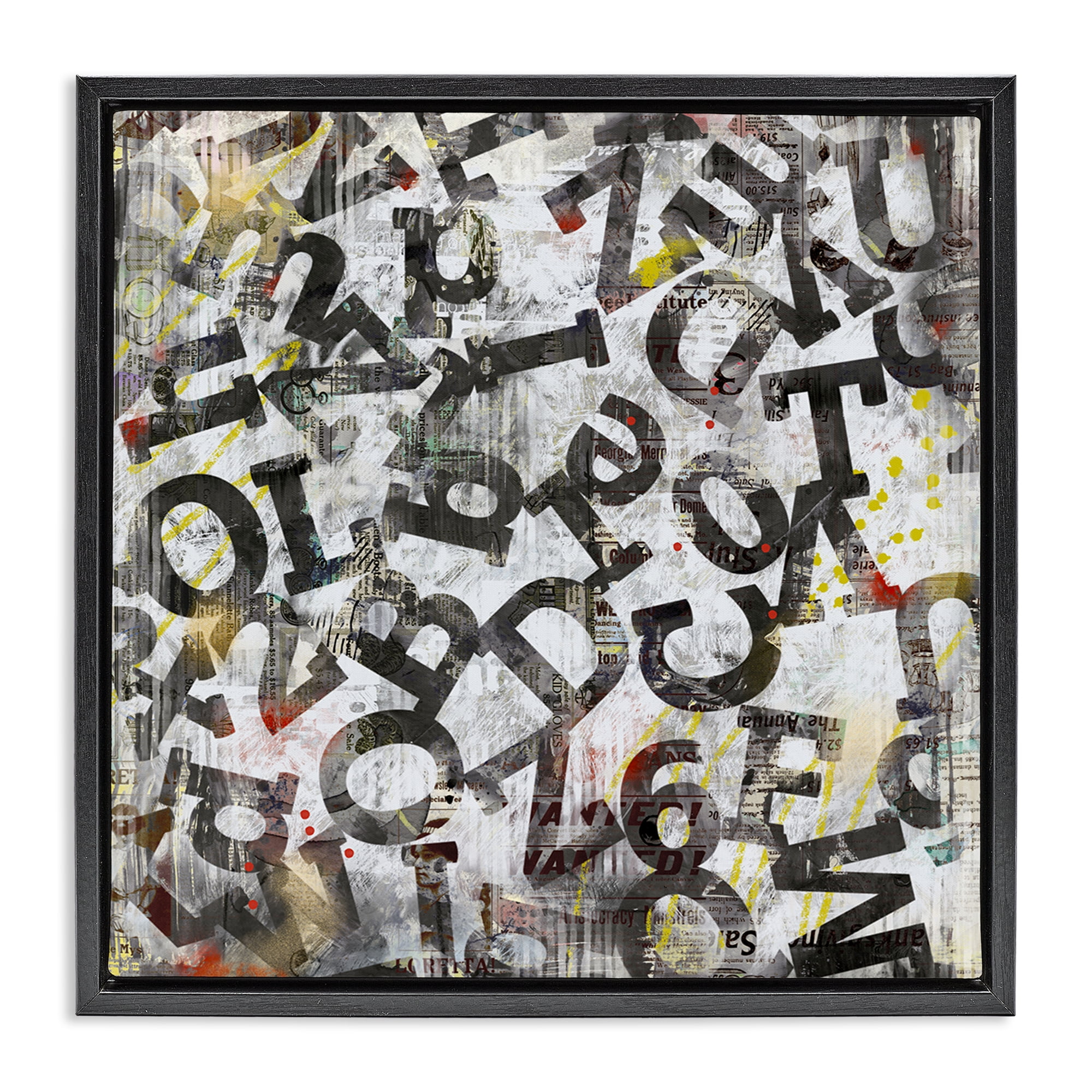 Stupell Industries Collaged Typography Letters Abstract Painting Black Floater Framed Canvas Art Print Wall Art, 25 x 25