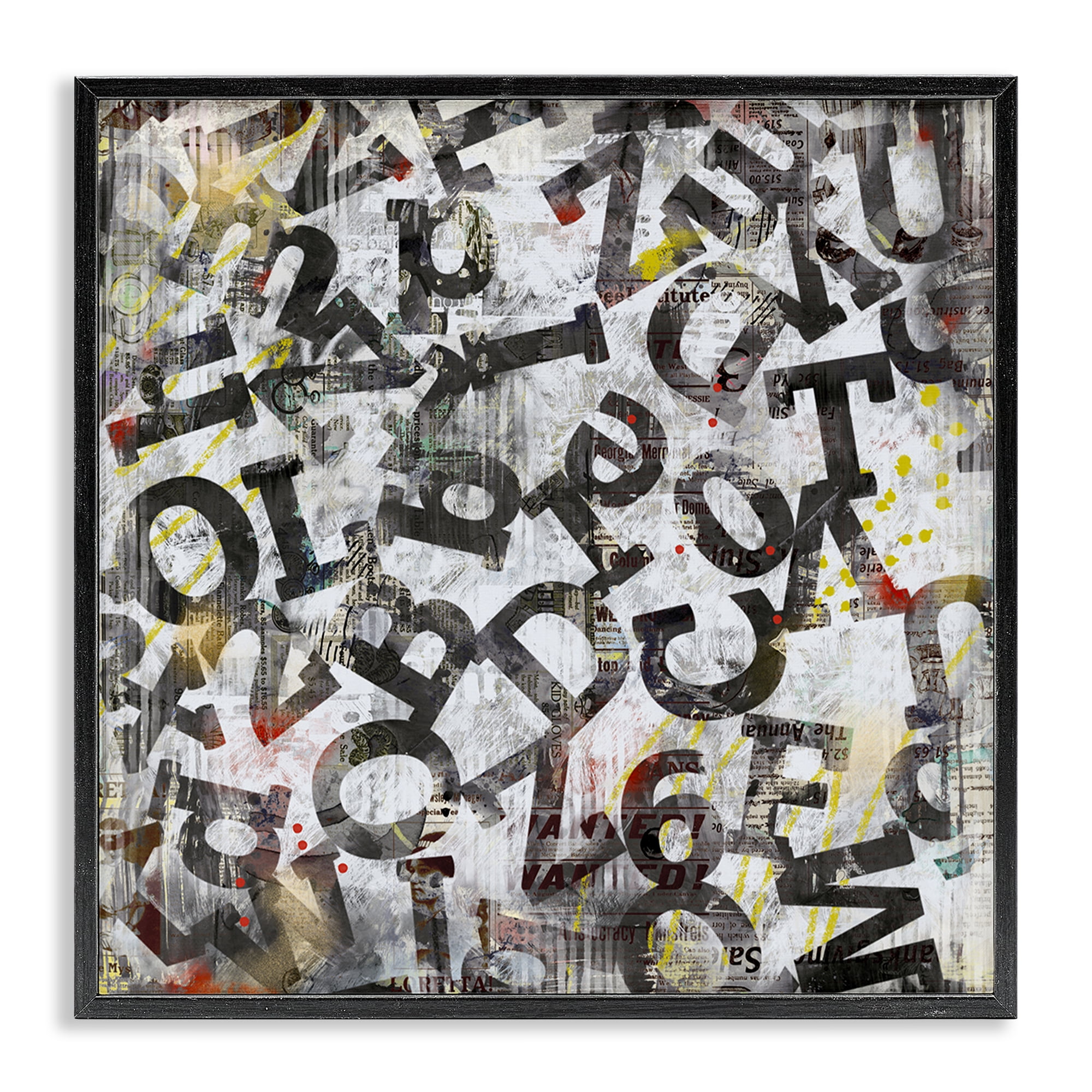 Stupell Industries Collaged Typography Letters Abstract Painting Black Framed Art Print Wall Art, 12 x 12