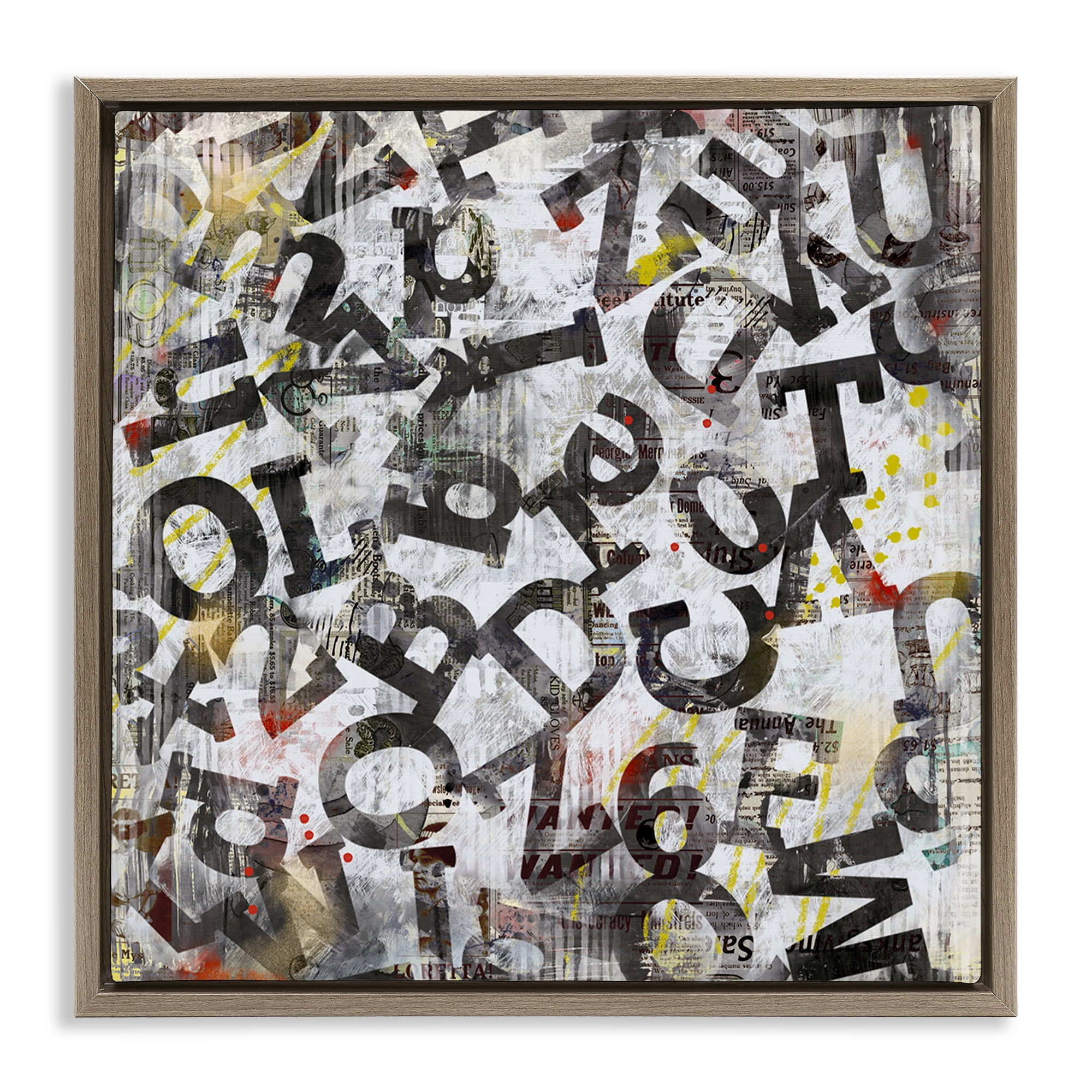Stupell Industries Collaged Typography Letters Abstract Painting Brown Floater Framed Canvas Art Print Wall Art, 18 x 18